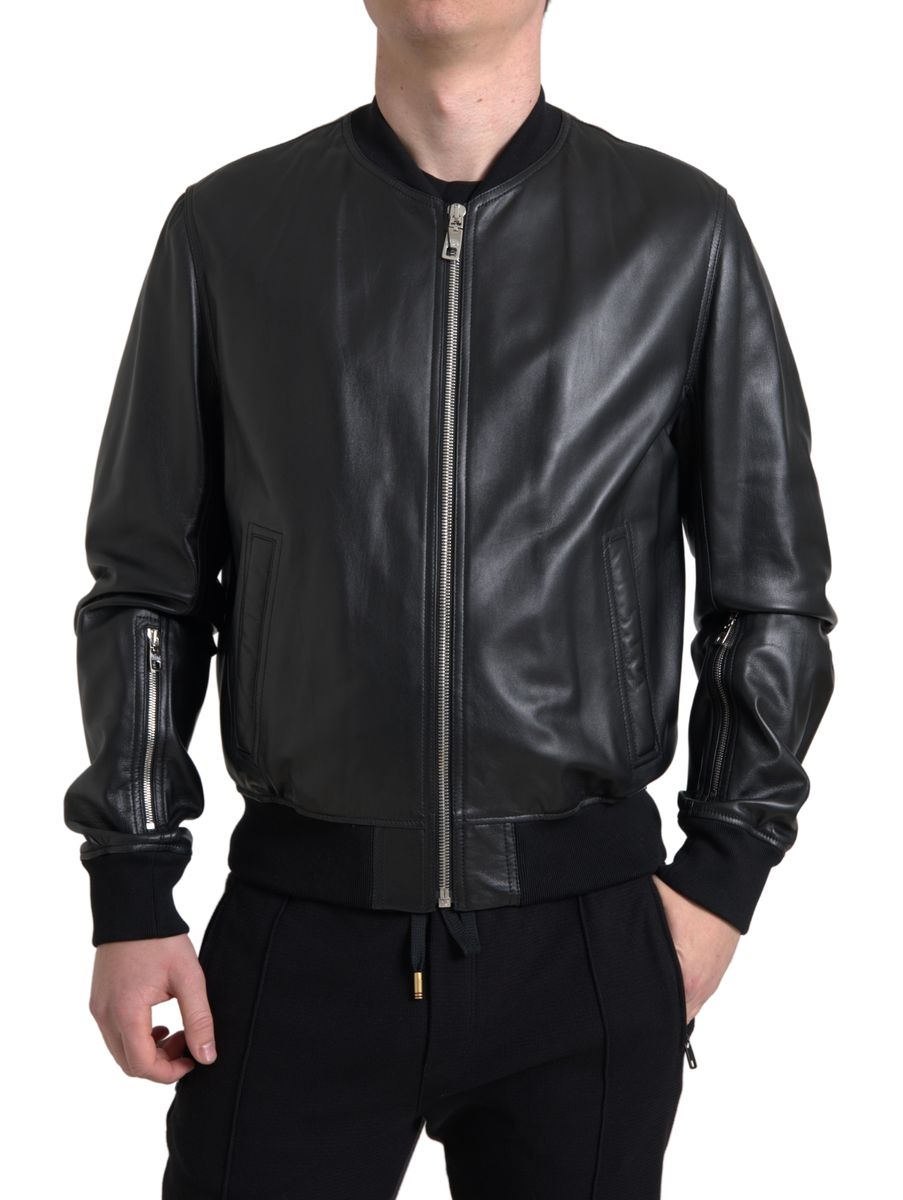 Dolce &amp; Gabbana Elegant black leather bomber jacket