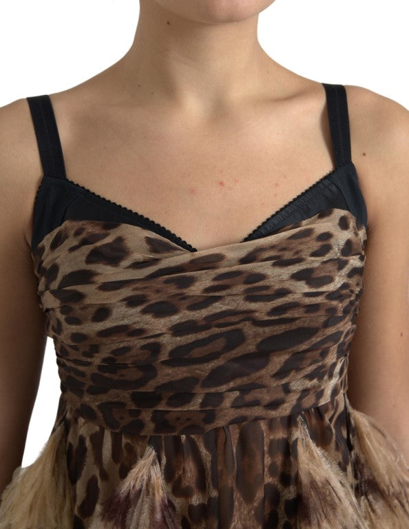 Dolce &amp; Gabbana Hihaton Leopard Chiffon Strutsin höyhenmekko