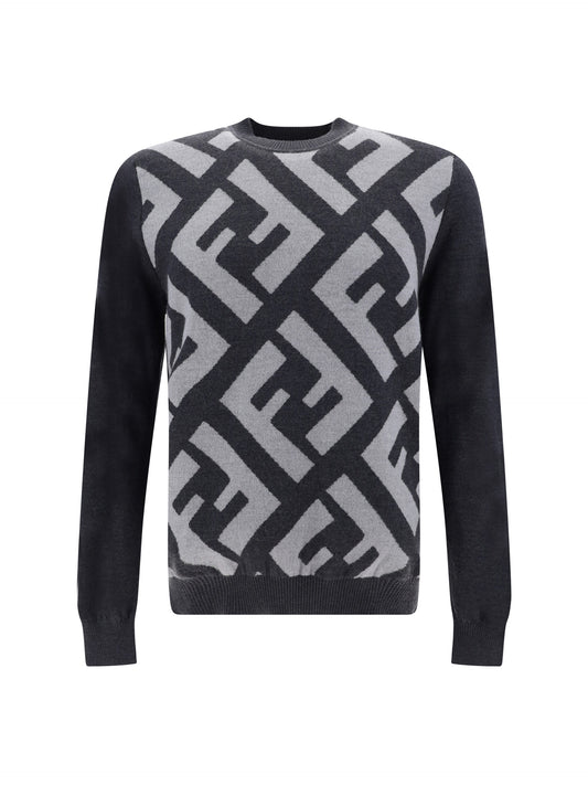 Fendi Schicker grauer Pullover aus Wolle mit ikonischem Logo