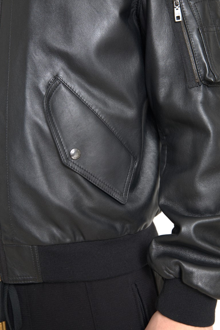 Dolce &amp; Gabbana Elegant black leather bomber jacket