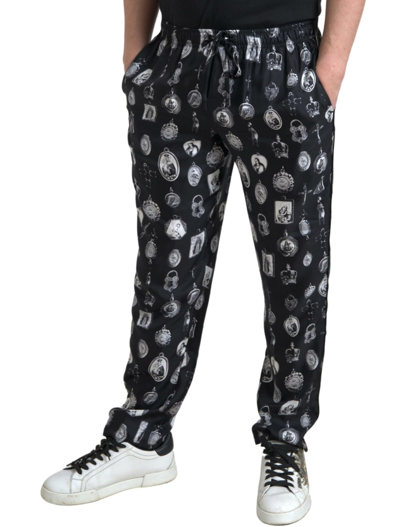 Dolce &amp; Gabbana Elegant silk sweatpants with religious print