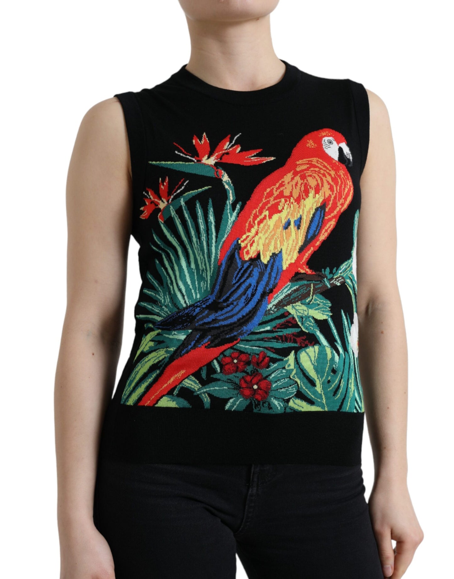 Dolce &amp; Gabbana Elegant wool-silk tank with round neck and bird embroidery