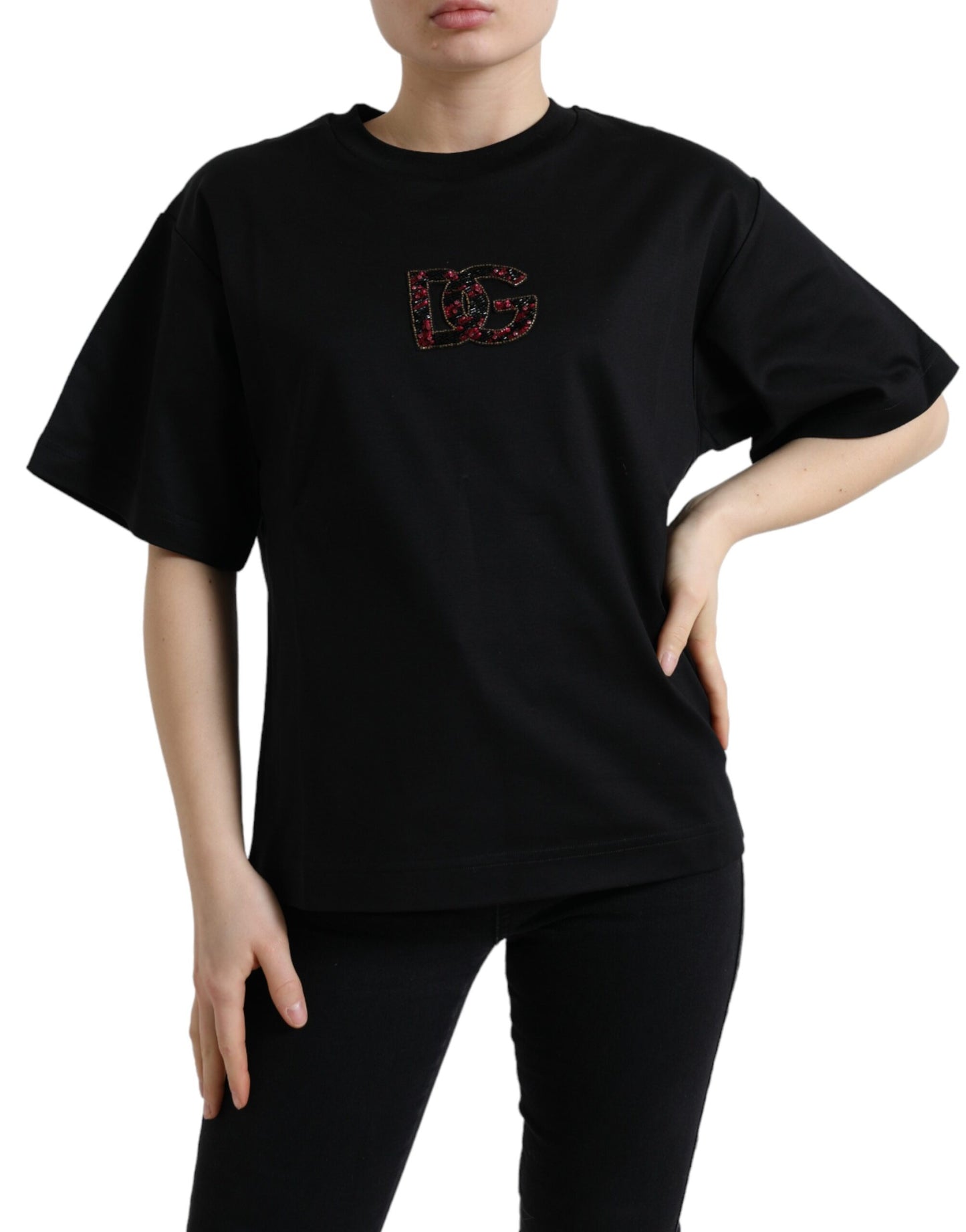 Dolce &amp; Gabbana Elegant black T-shirt with crystal decoration