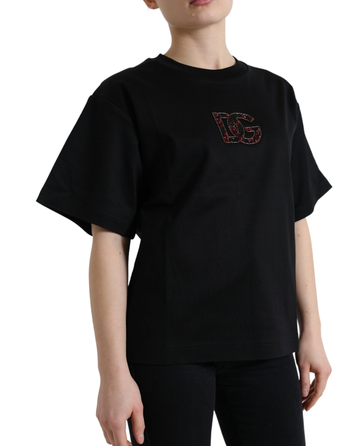 Dolce &amp; Gabbana Elegant black T-shirt with crystal decoration