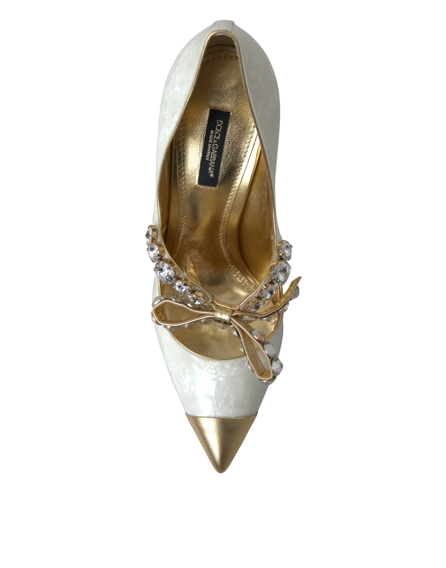 Dolce &amp; Gabbana Elegant White Patent Crystal Bow Heels