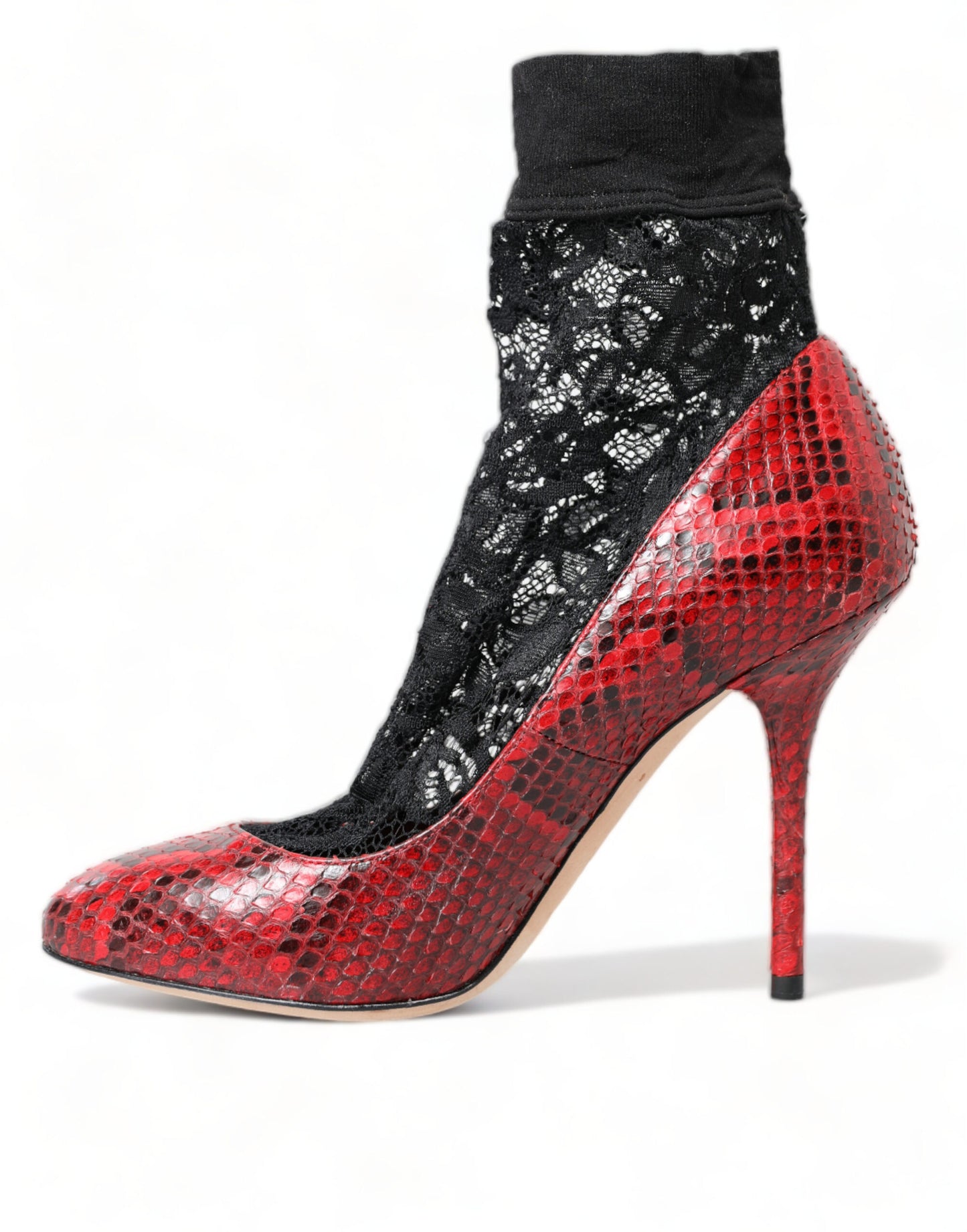 Dolce &amp; Gabbana Red Snakeskin Almond Toe Pumps with Lace Stockings