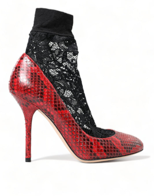 Dolce &amp; Gabbana Red Snakeskin Almond Toe Pumps with Lace Stockings