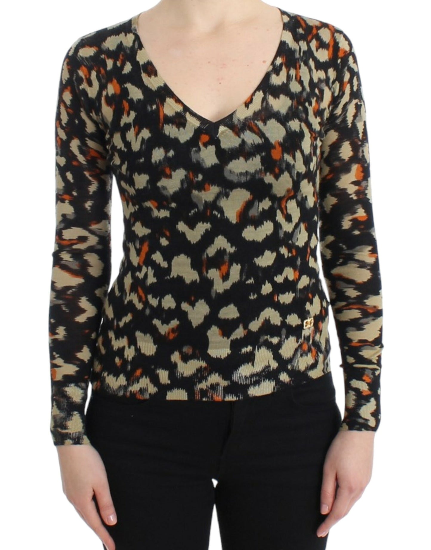 Cavalli Eleganter Multicolor Pullover mit V-Ausschnitt aus Wolle