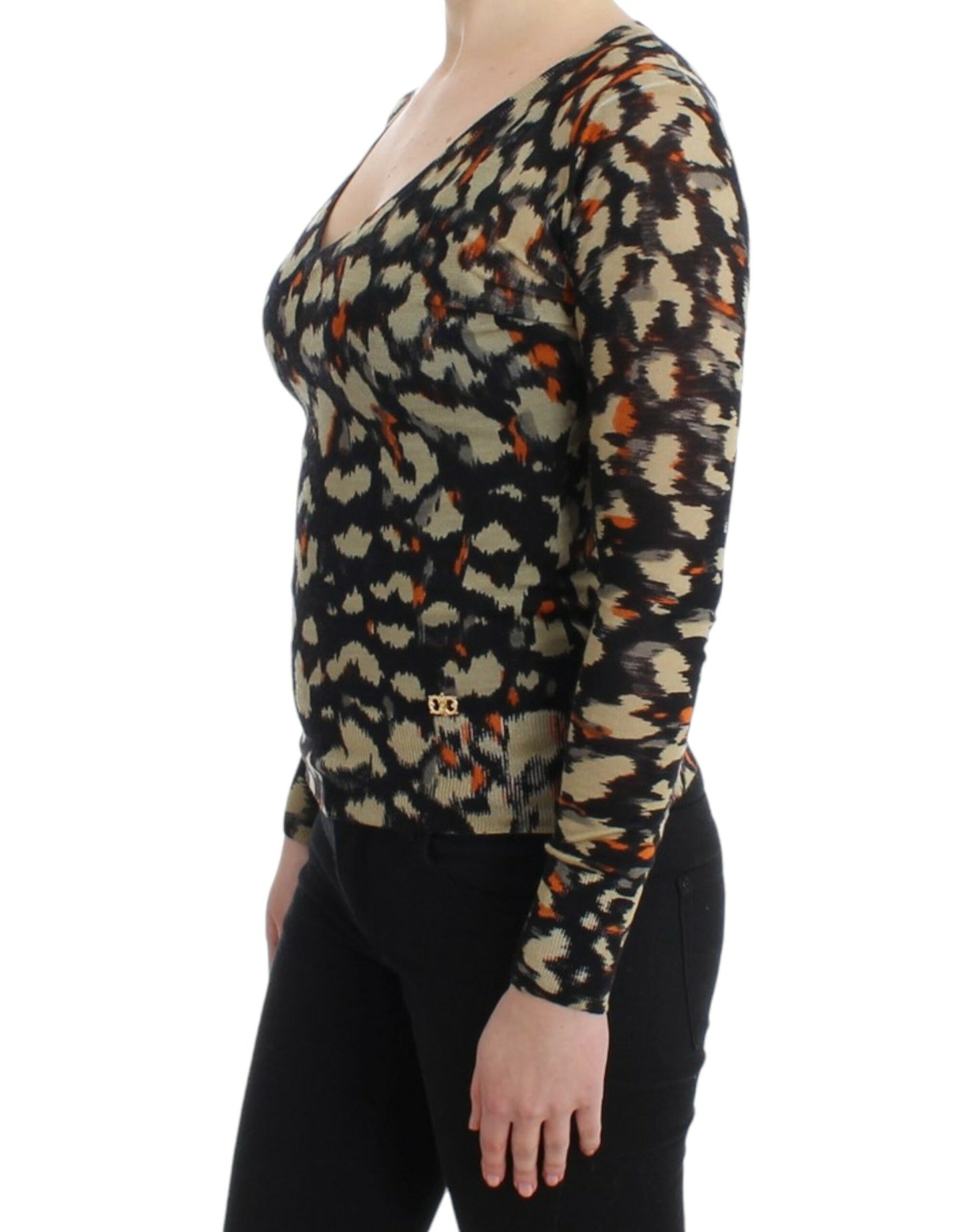 Cavalli Eleganter Multicolor Pullover mit V-Ausschnitt aus Wolle