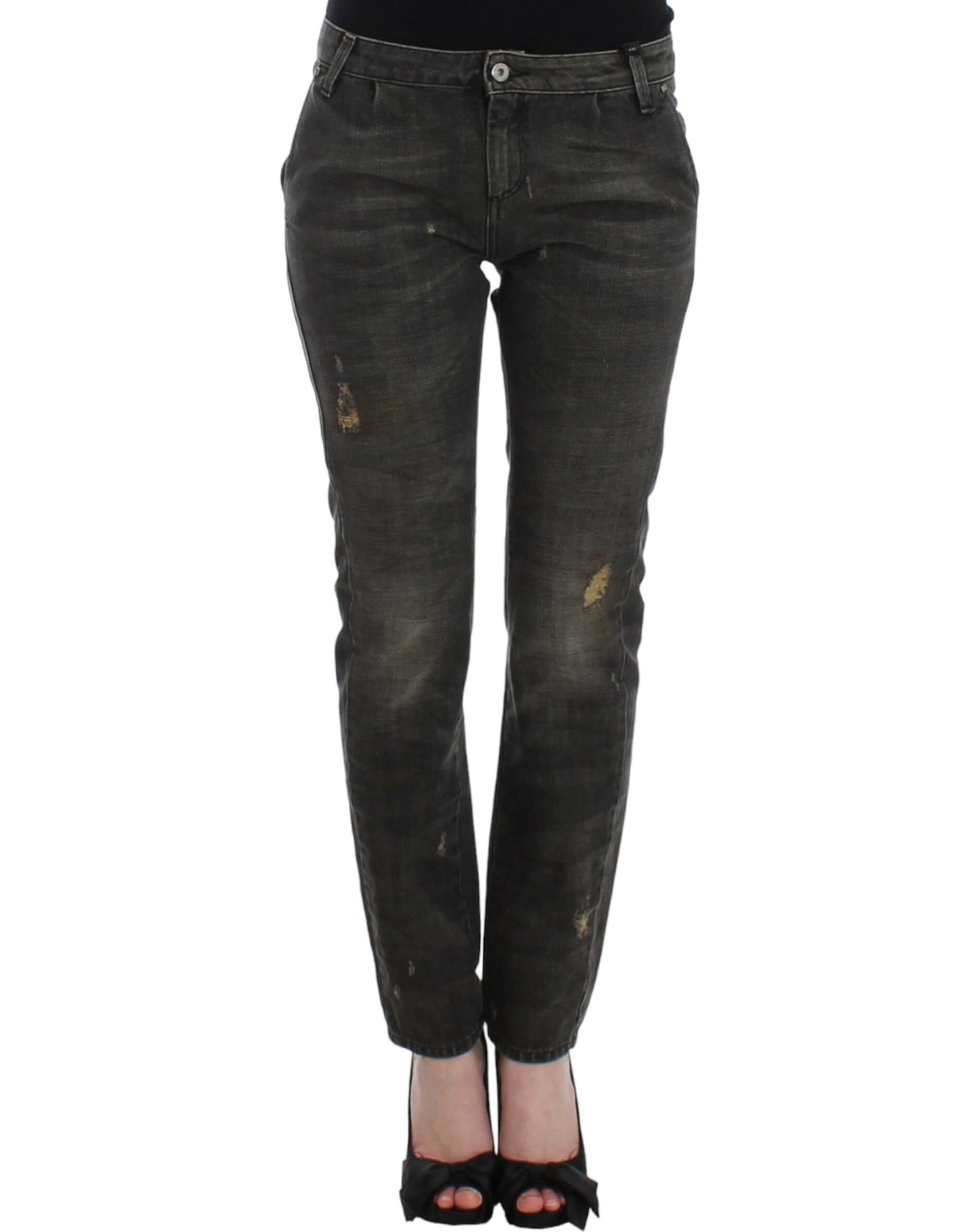 Costume National Smooth Gray Straight Leg Distressed Jeans