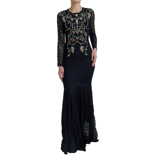 Dolce &amp; Gabbana Crystal Embellished Navy Blue Flared Dress