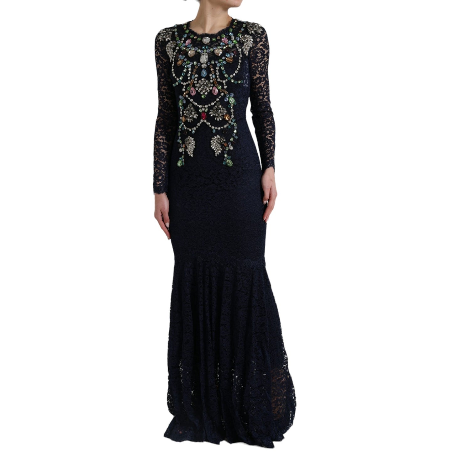 Dolce &amp; Gabbana Crystal Embellished Navy Blue Flared Dress