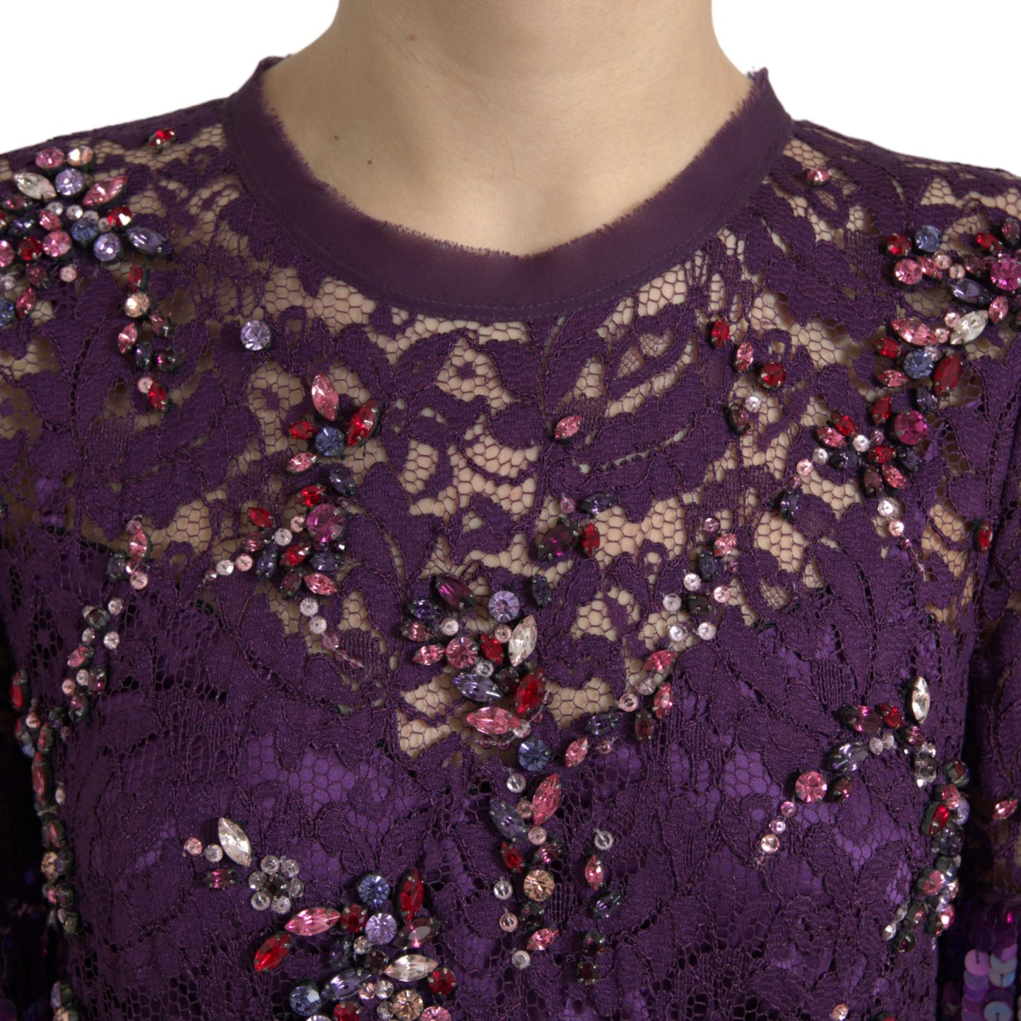 Dolce &amp; Gabbana Elegant Purple Floral Lace Crystal Dress