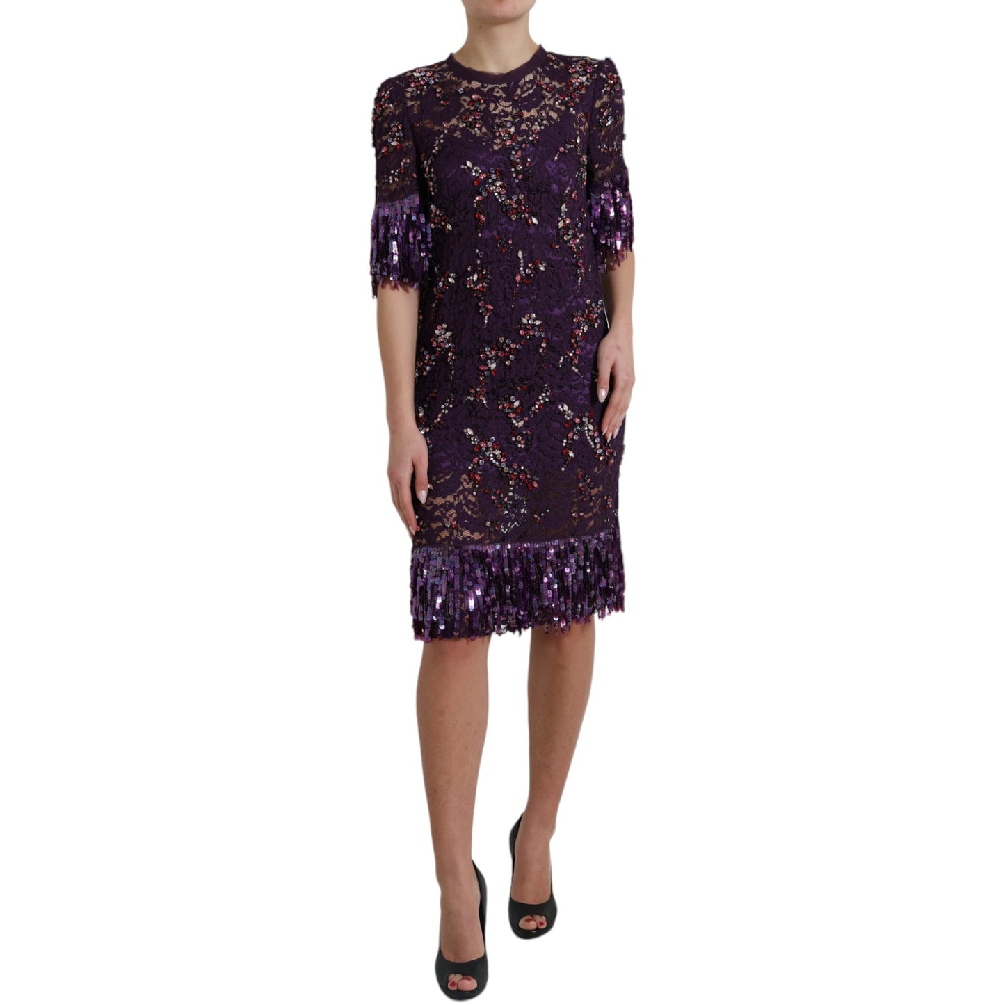 Dolce &amp; Gabbana Elegant Purple Floral Lace Crystal Dress