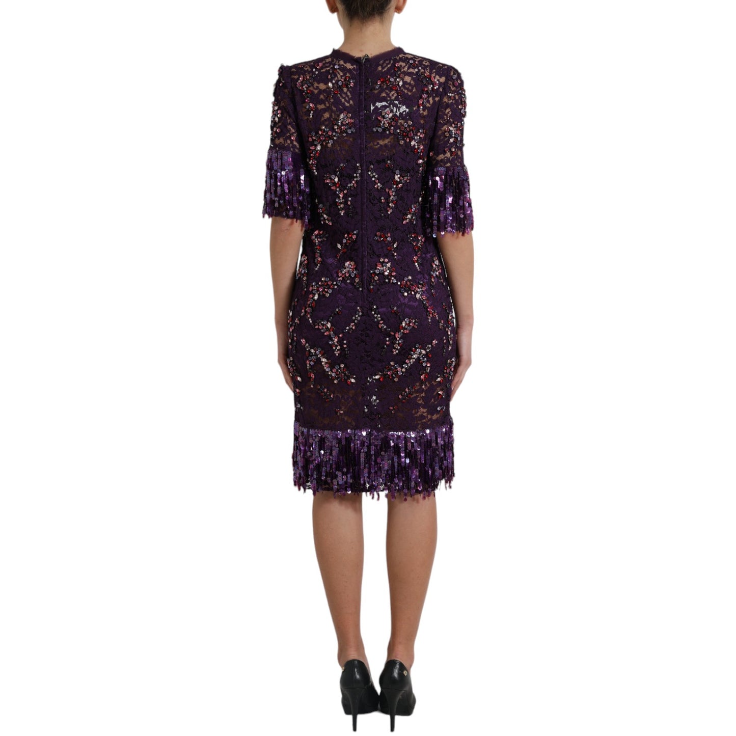 Dolce &amp; Gabbana Elegant Purple Floral Lace Crystal Dress