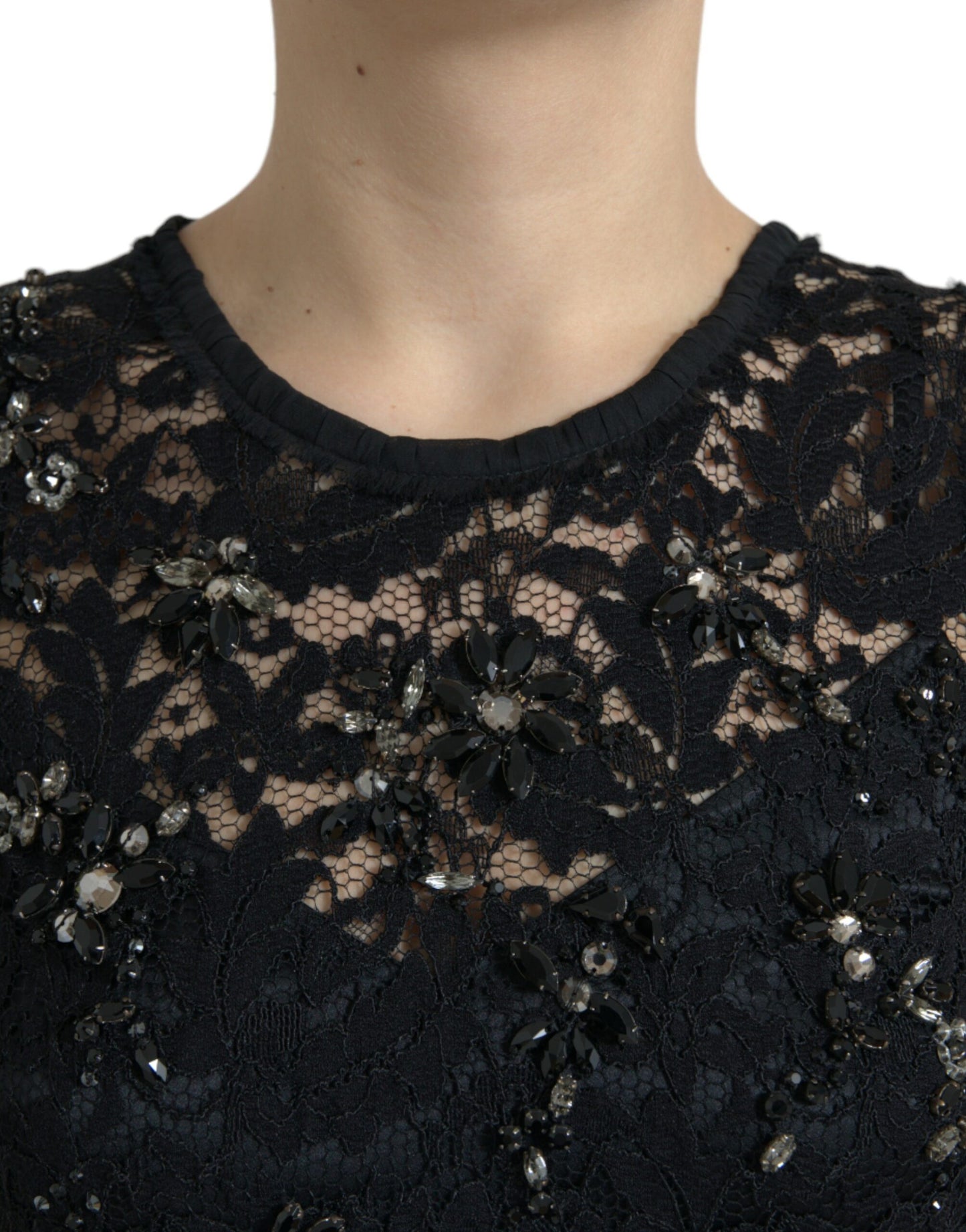 Dolce &amp; Gabbana Exquisite Black Floral Lace Crystal Shift Dress