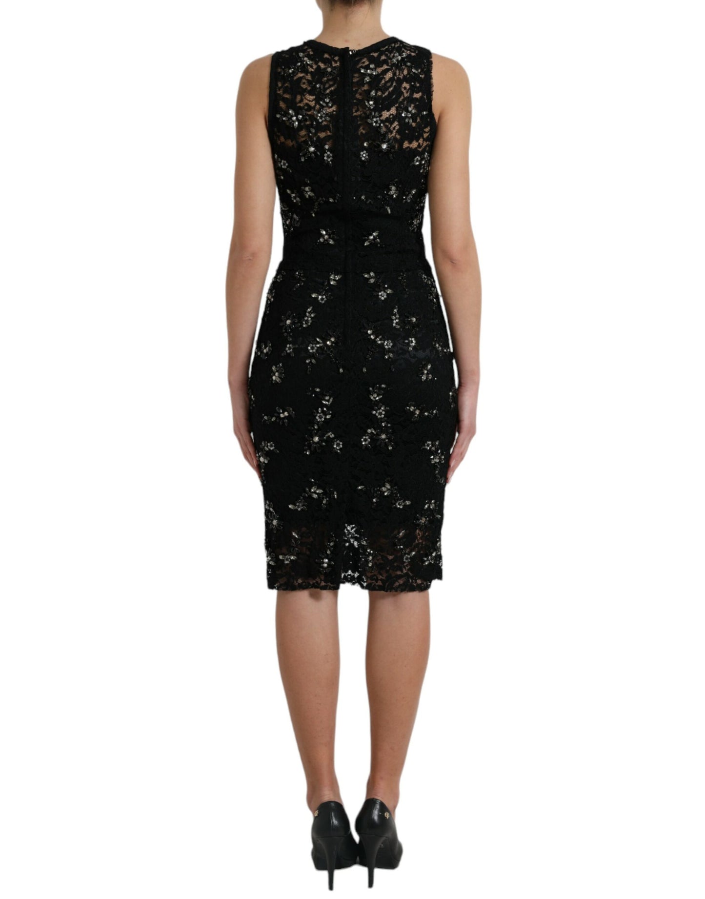 Dolce &amp; Gabbana Exquisite Black Floral Lace Crystal Shift Dress