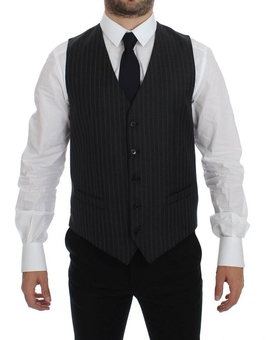 Dolce &amp; Gabbana Elegant Gray Striped Wool Dress Vest