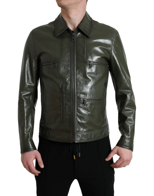 Dolce & Gabbana Smaragdgrüne Eleganz Leder-Bikerjacke