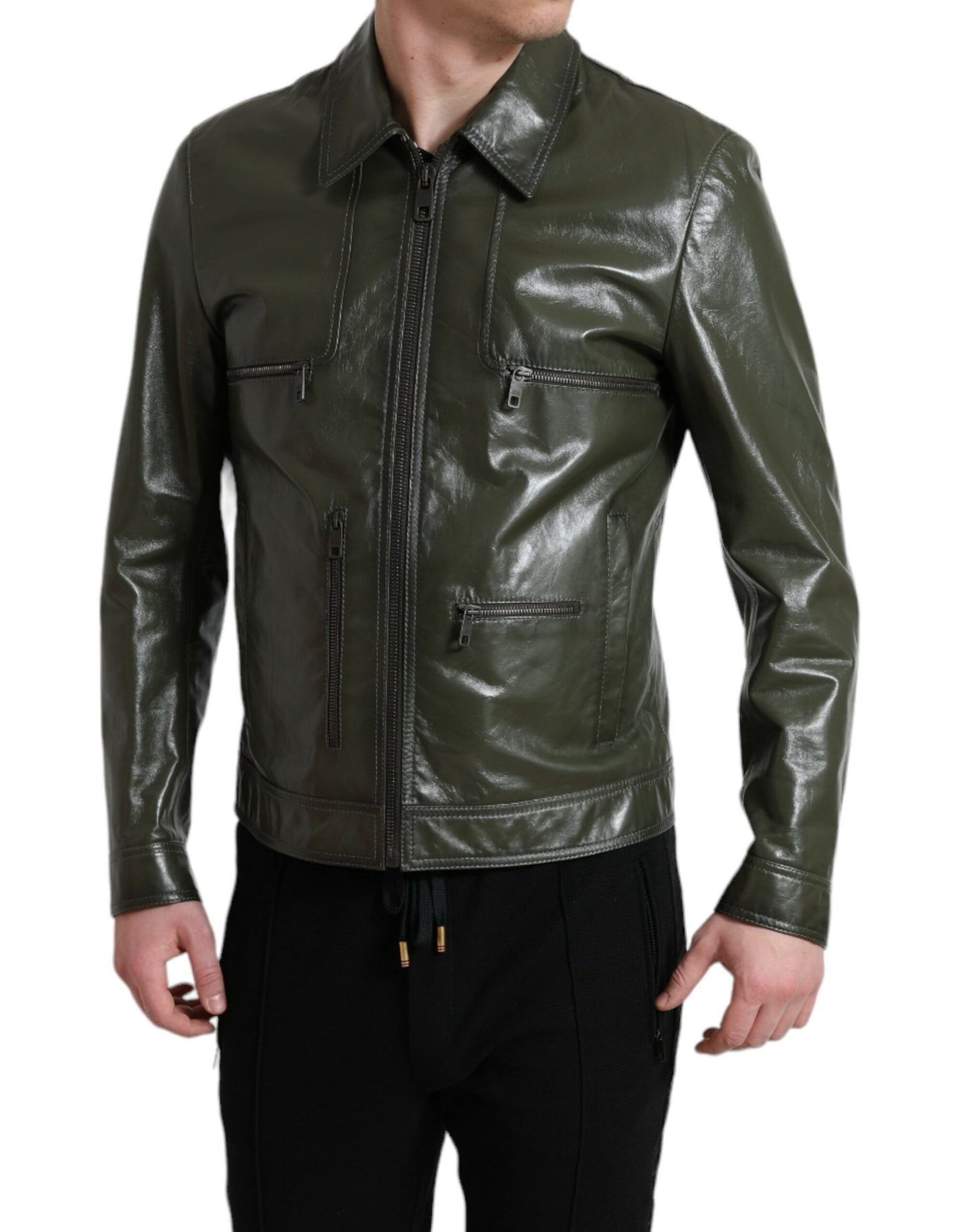 Dolce &amp; Gabbana Emerald Green Elegance Leather Biker Jacket