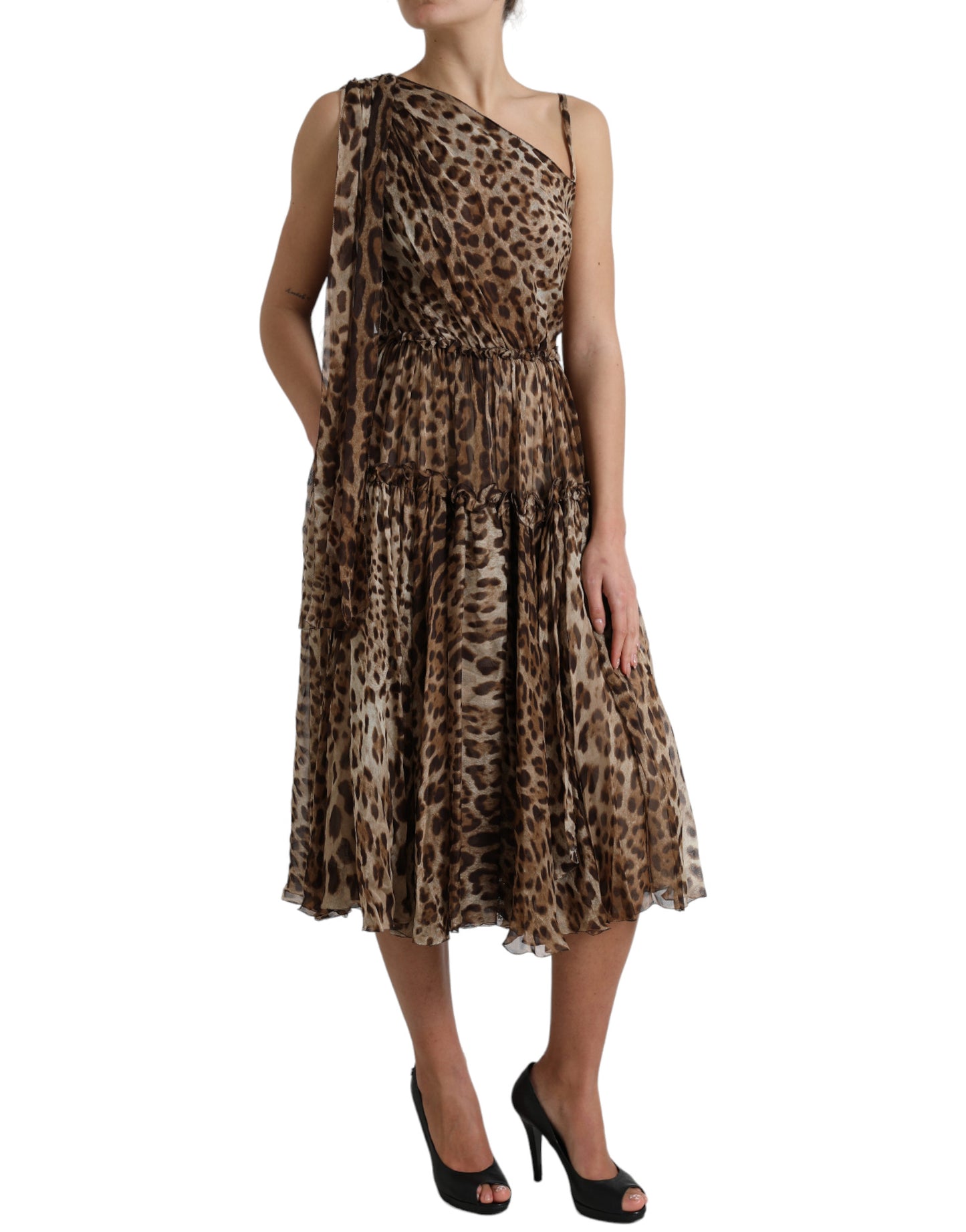 Dolce & Gabbana Elegantes One-Shoulder Leopard Midikleid