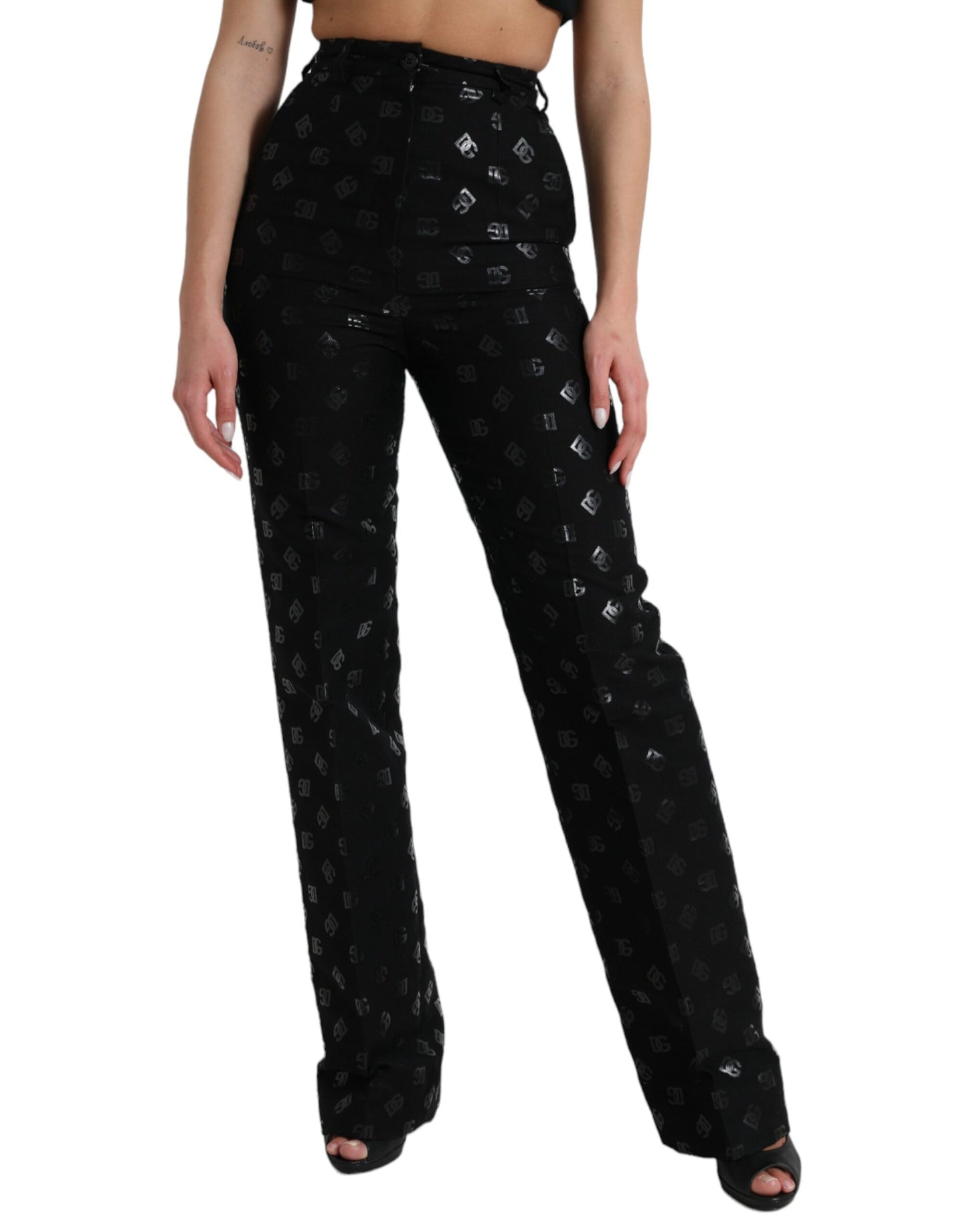 Dolce &amp; Gabbana Chic High Waist Straight Pants with Logo Print