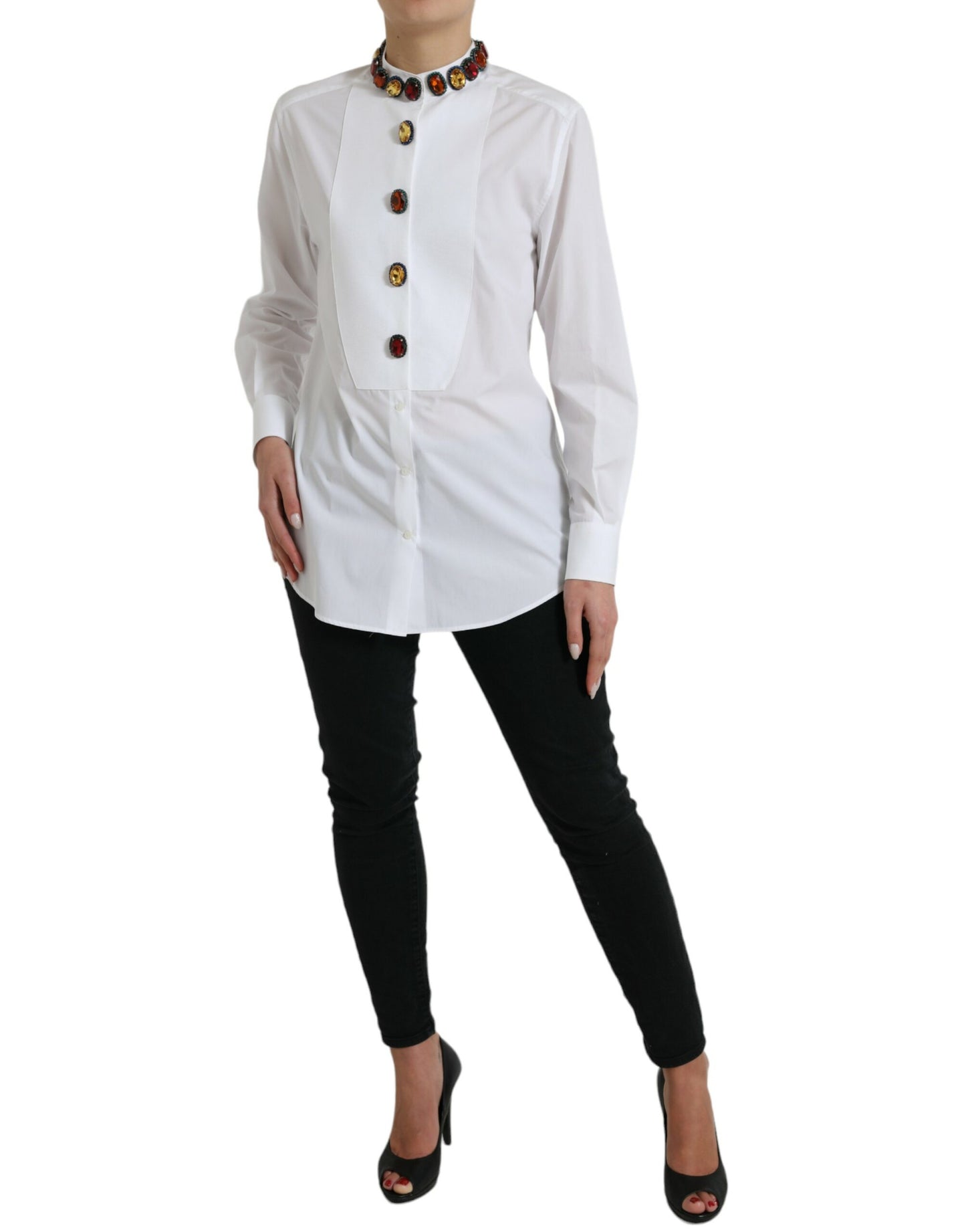 Dolce &amp; Gabbana Elegant white cotton top with crystal embellishments