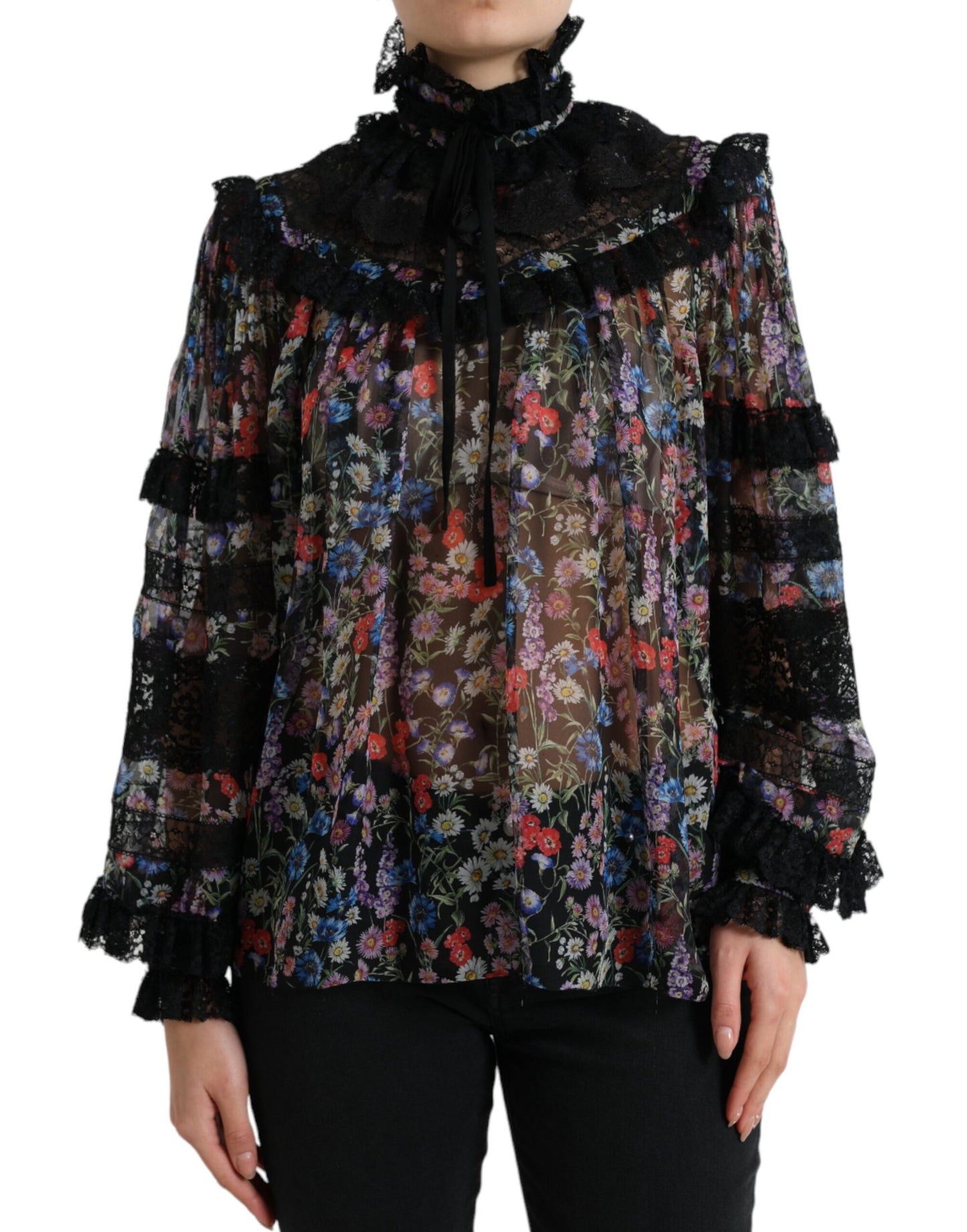 Dolce &amp; Gabbana Elegant floral silk blouse with lace trim