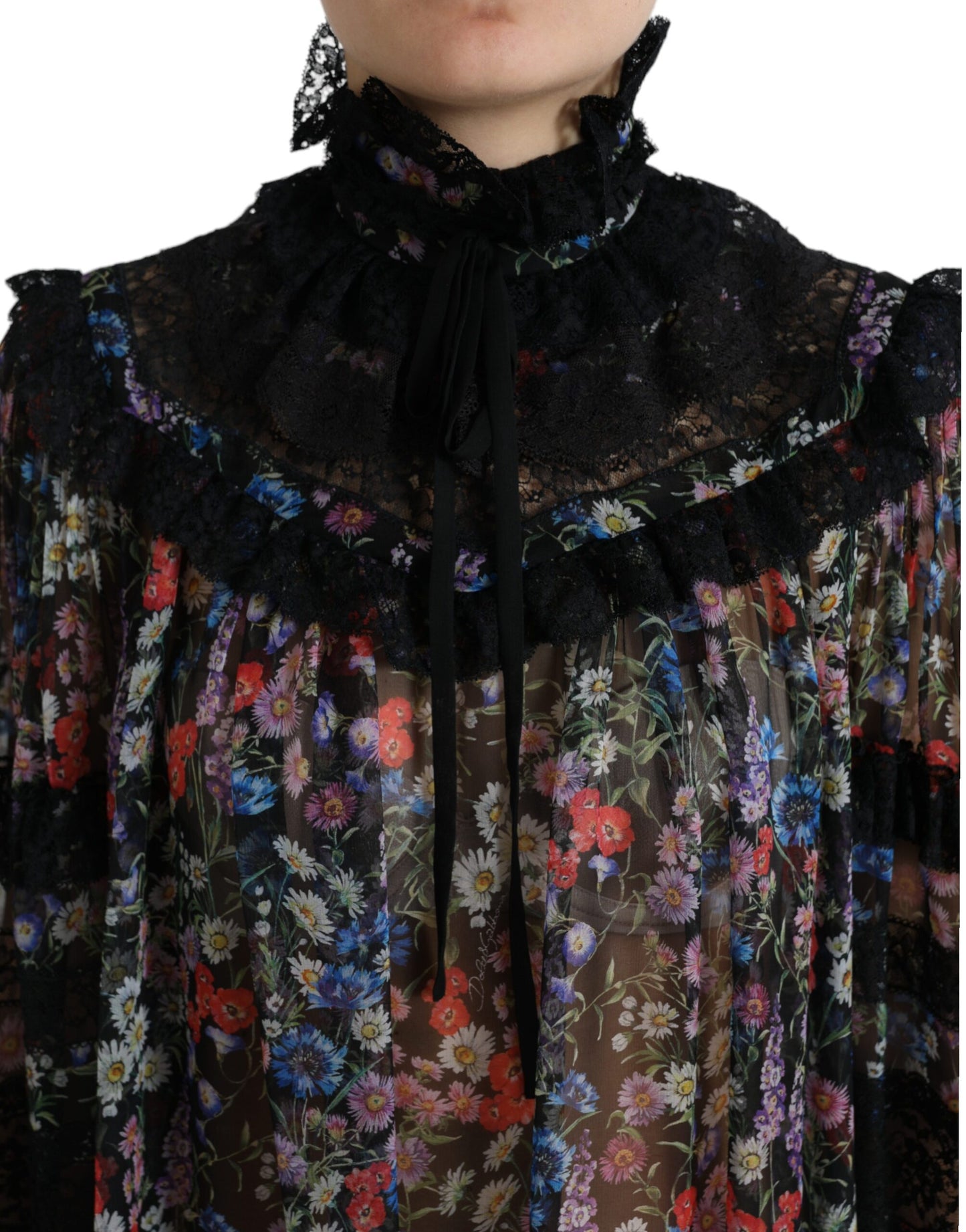 Dolce &amp; Gabbana Elegant floral silk blouse with lace trim