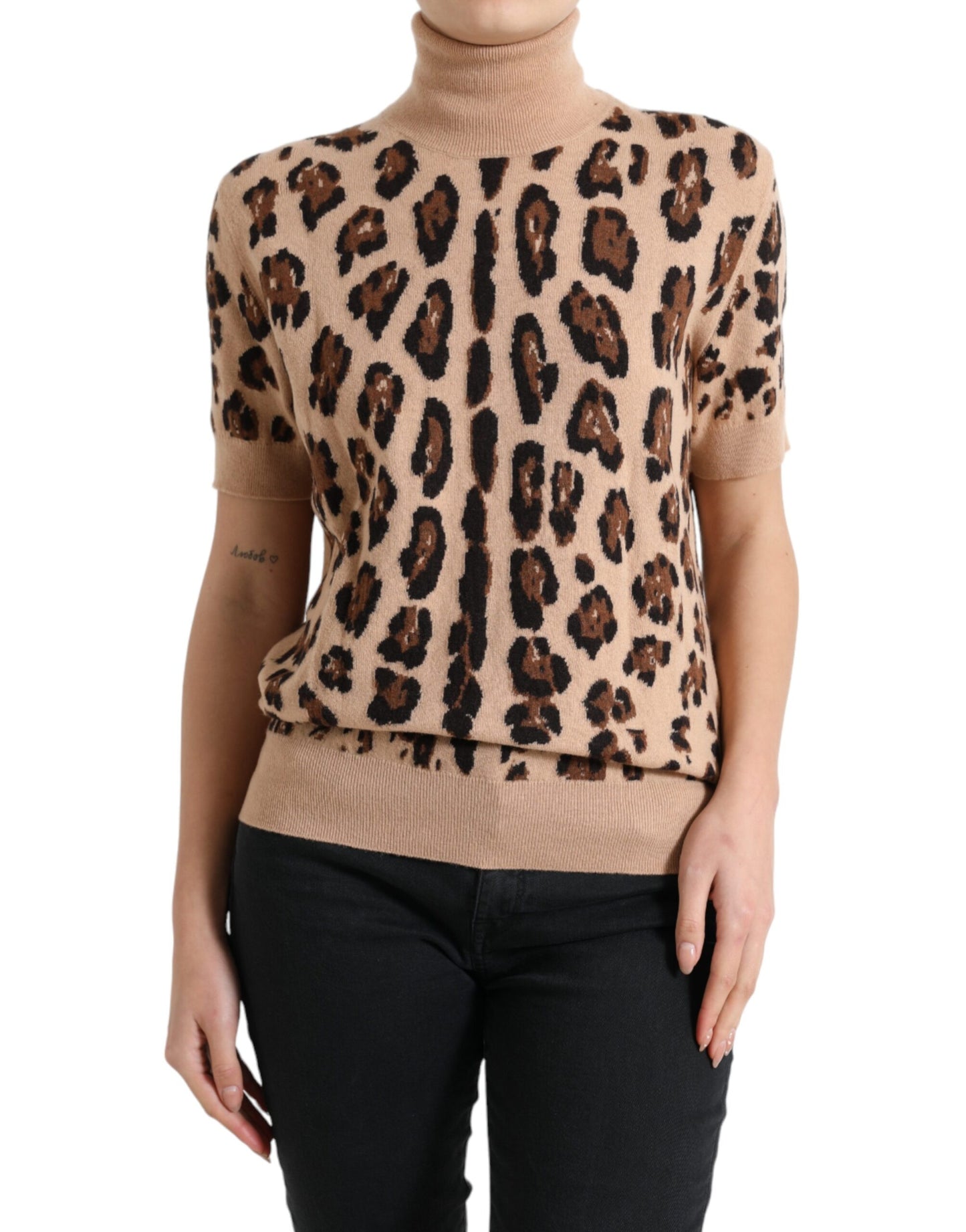 Dolce & Gabbana Elegantes beigefarbenes Leoparden-Rollkragenpullover aus Wolle