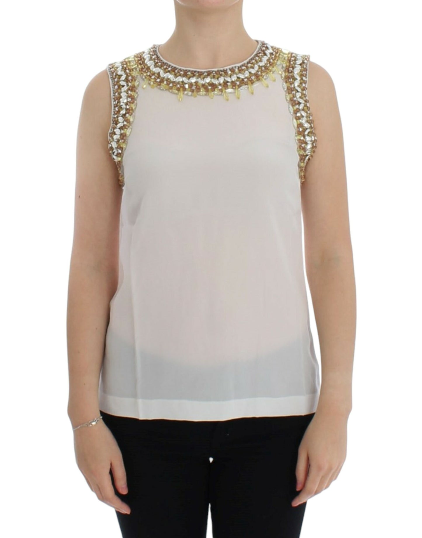 Dolce &amp; Gabbana Elegant sleeveless silk blouse with crystal embellishment