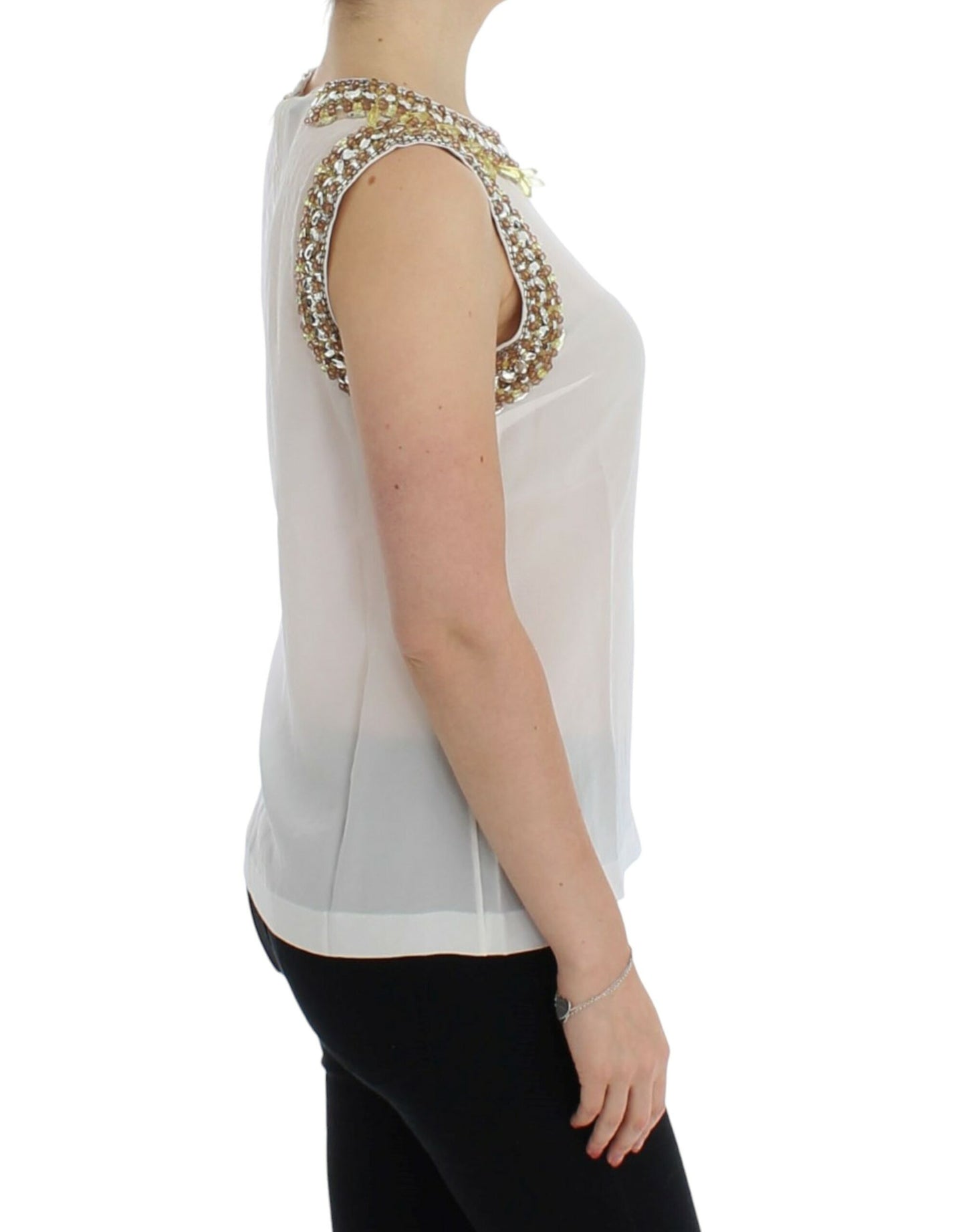 Dolce &amp; Gabbana Elegant sleeveless silk blouse with crystal embellishment