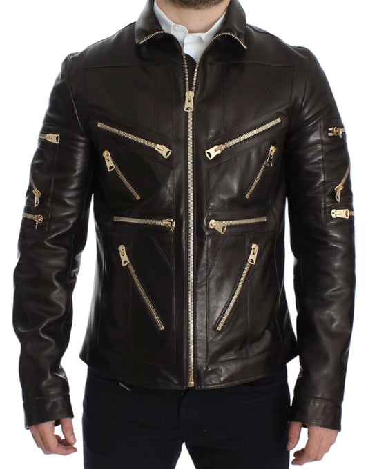 Dolce &amp; Gabbana Elegant Brown and Gold Detail Leather Jacket