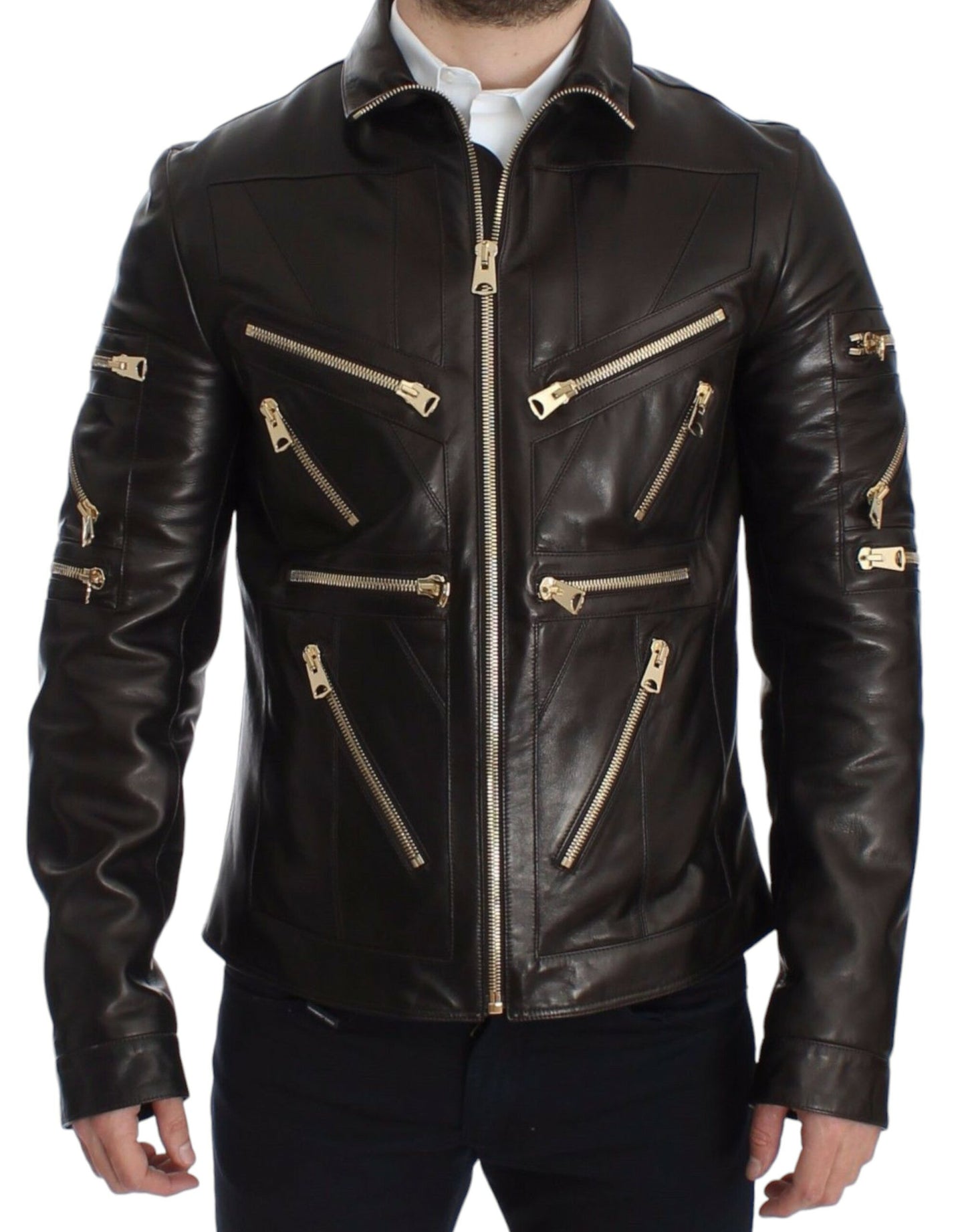 Dolce &amp; Gabbana Elegant Brown and Gold Detail Leather Jacket