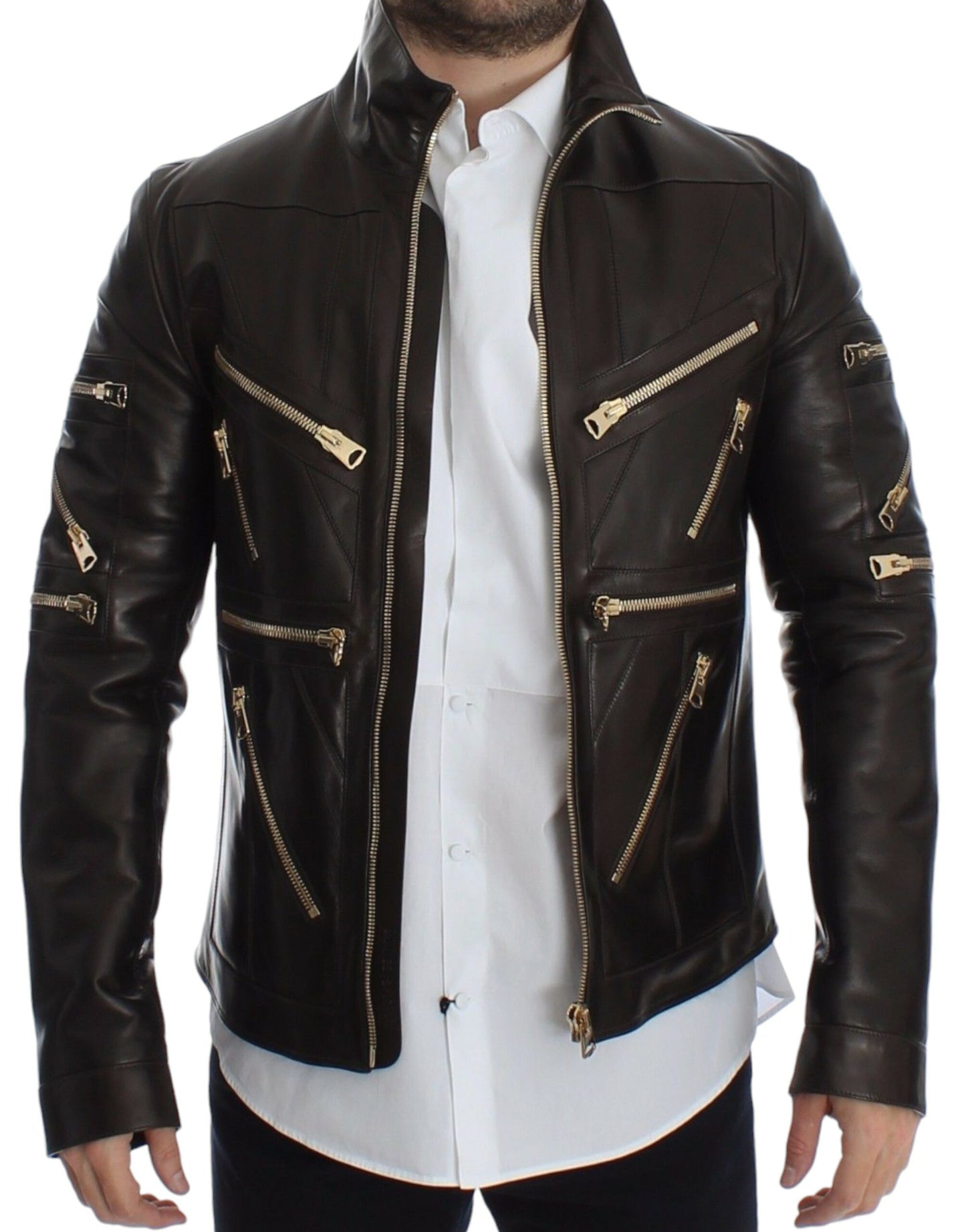 Dolce &amp; Gabbana Elegant Brown and Gold Detail Leather Jacket