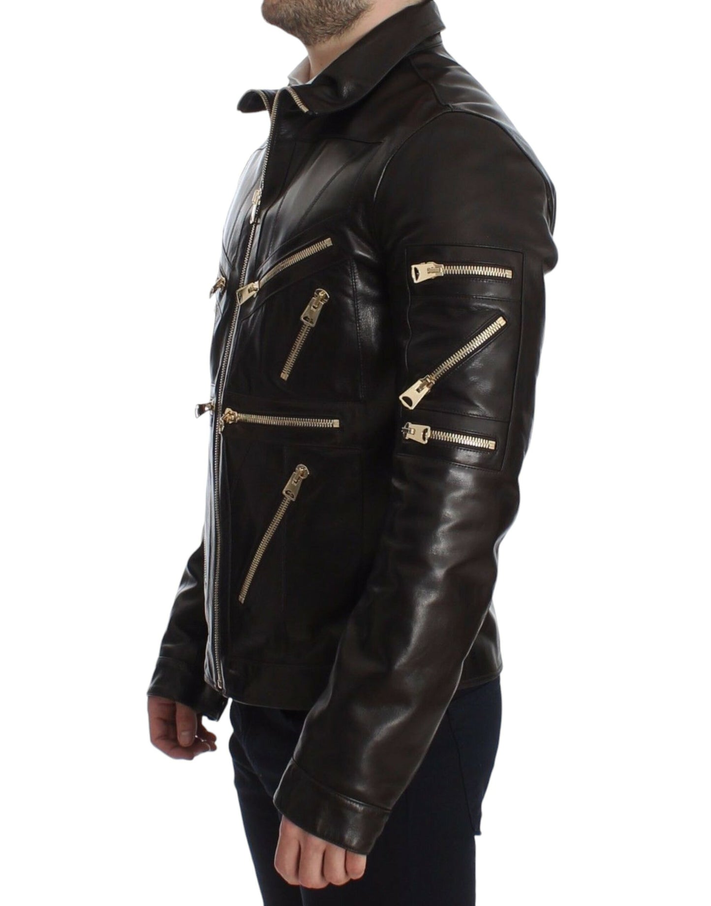 Dolce &amp; Gabbana Elegant Brown and Gold Detail Leather Jacket