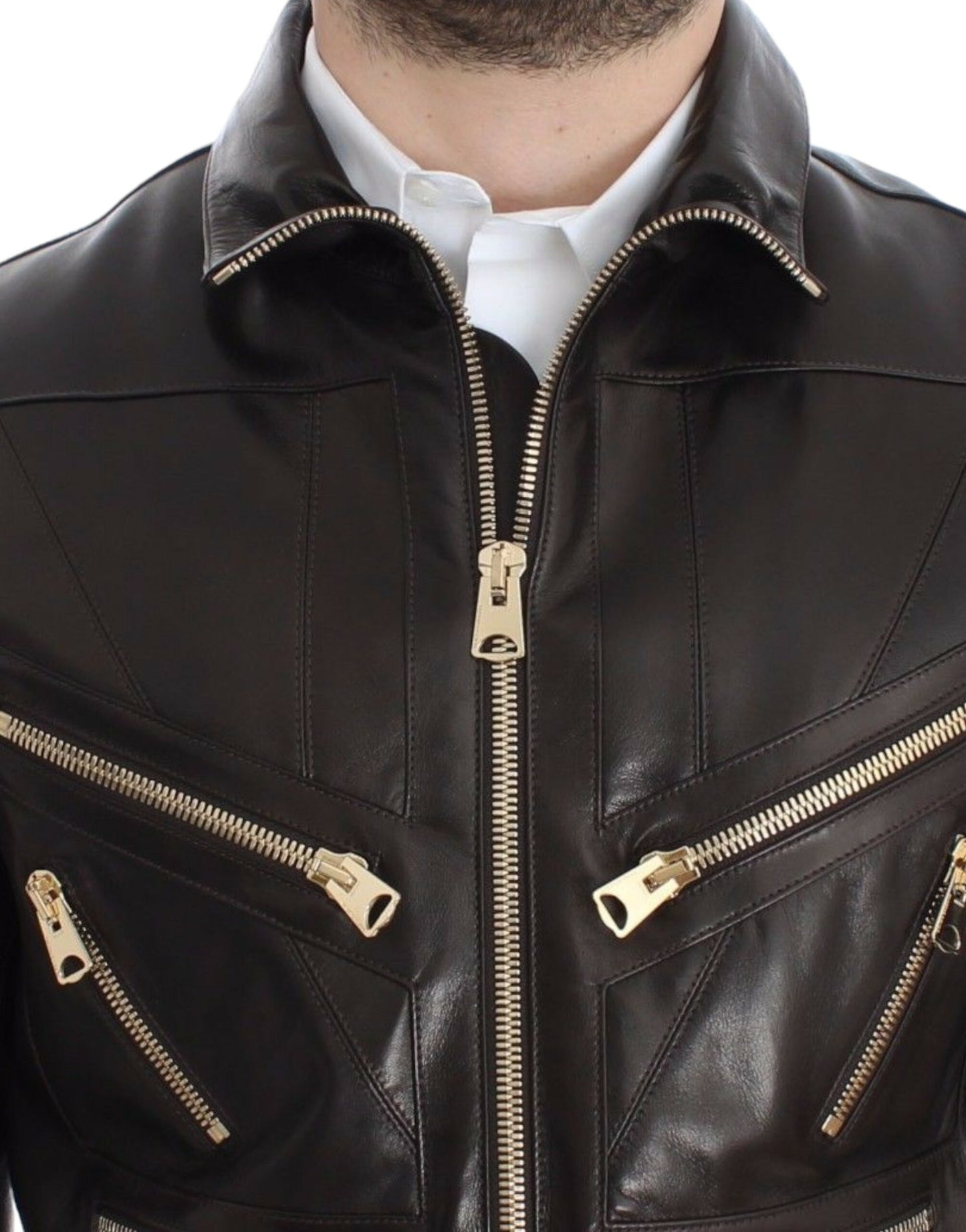 Dolce &amp; Gabbana Elegant Brown and Gold Detail Leather Jacket