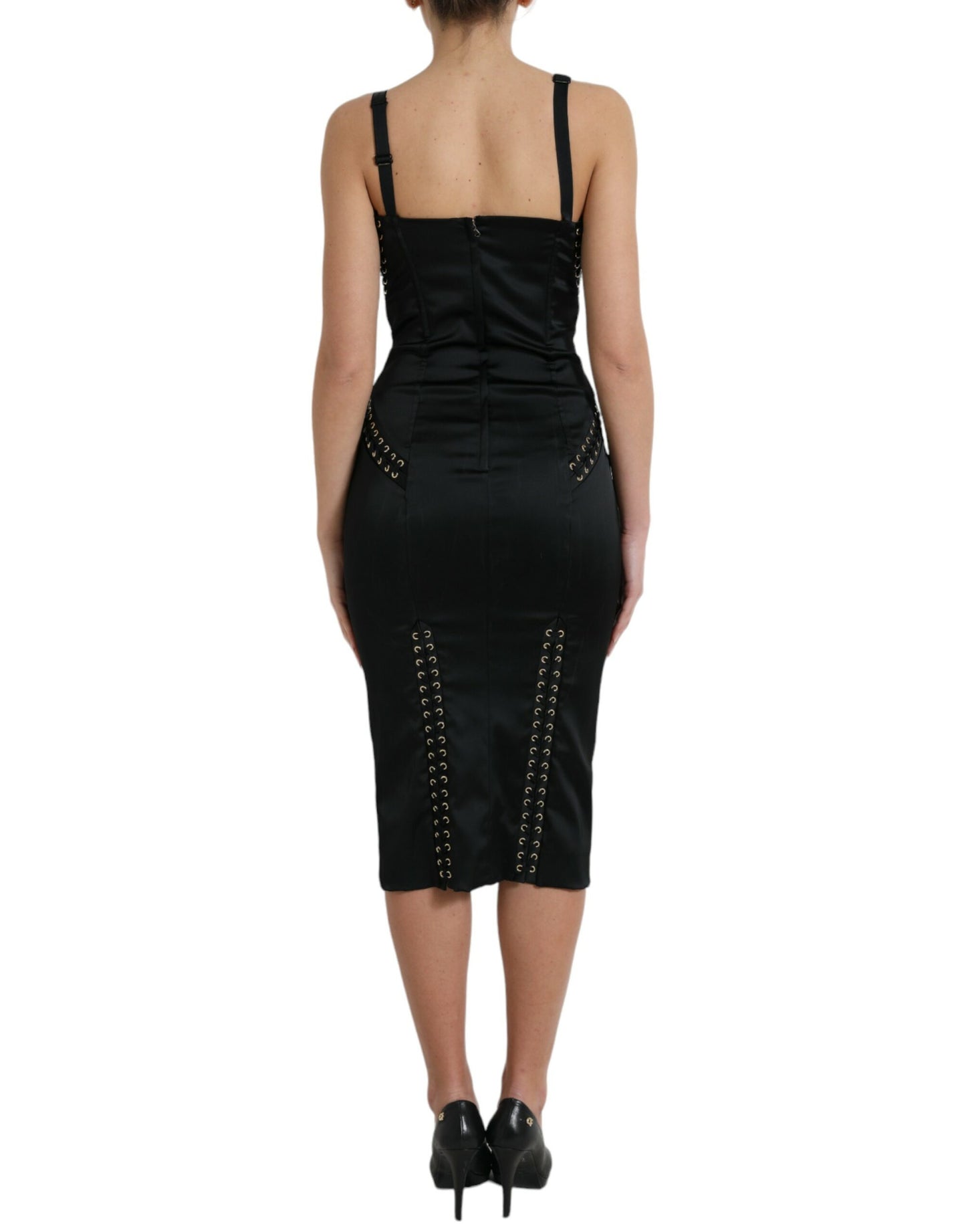 Dolce &amp; Gabbana Elegant Black Lace Up Midi Bodycon -mekko