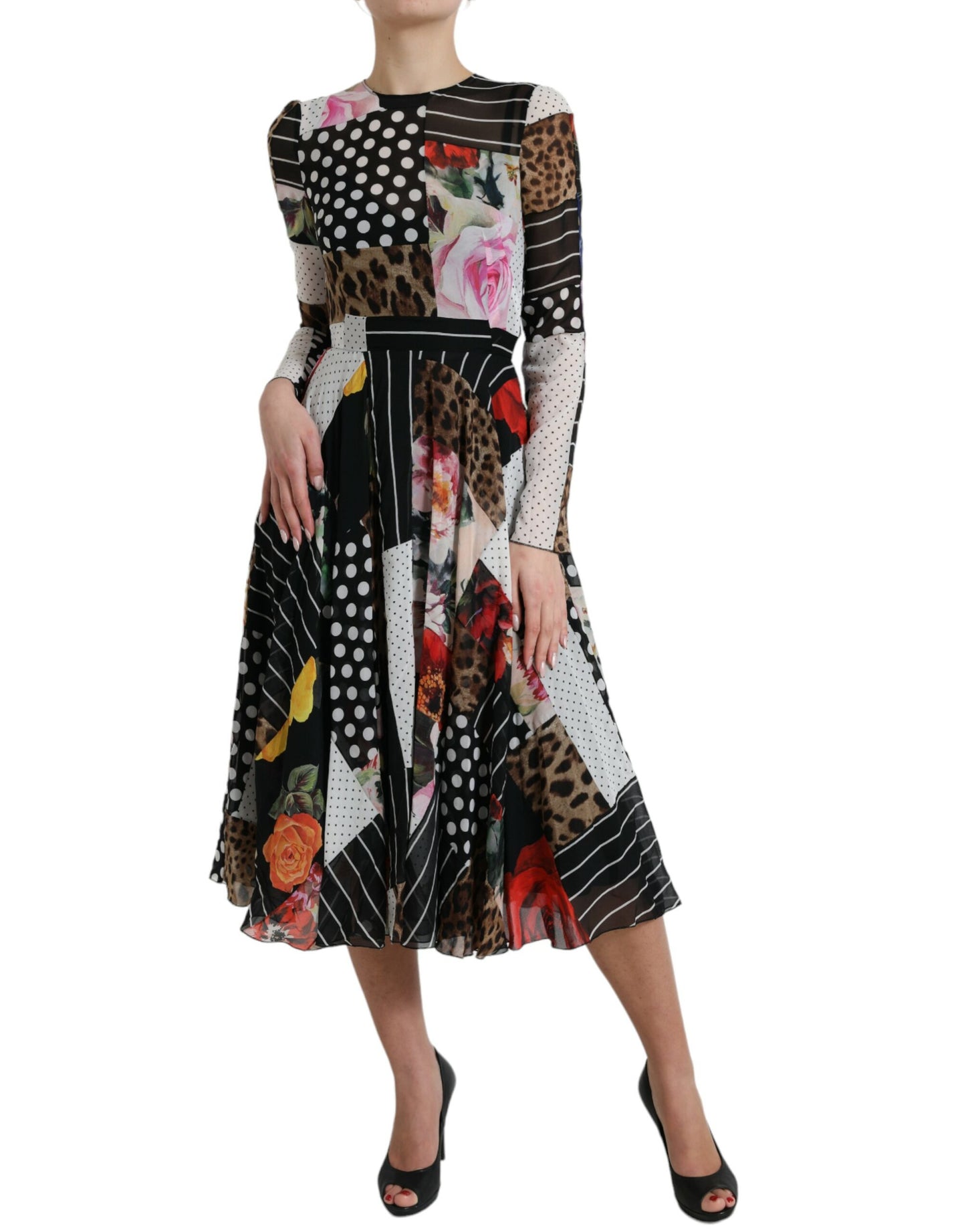 Dolce & Gabbana Elegantes Midi-Kleid in A-Linie aus Patchwork-Seide