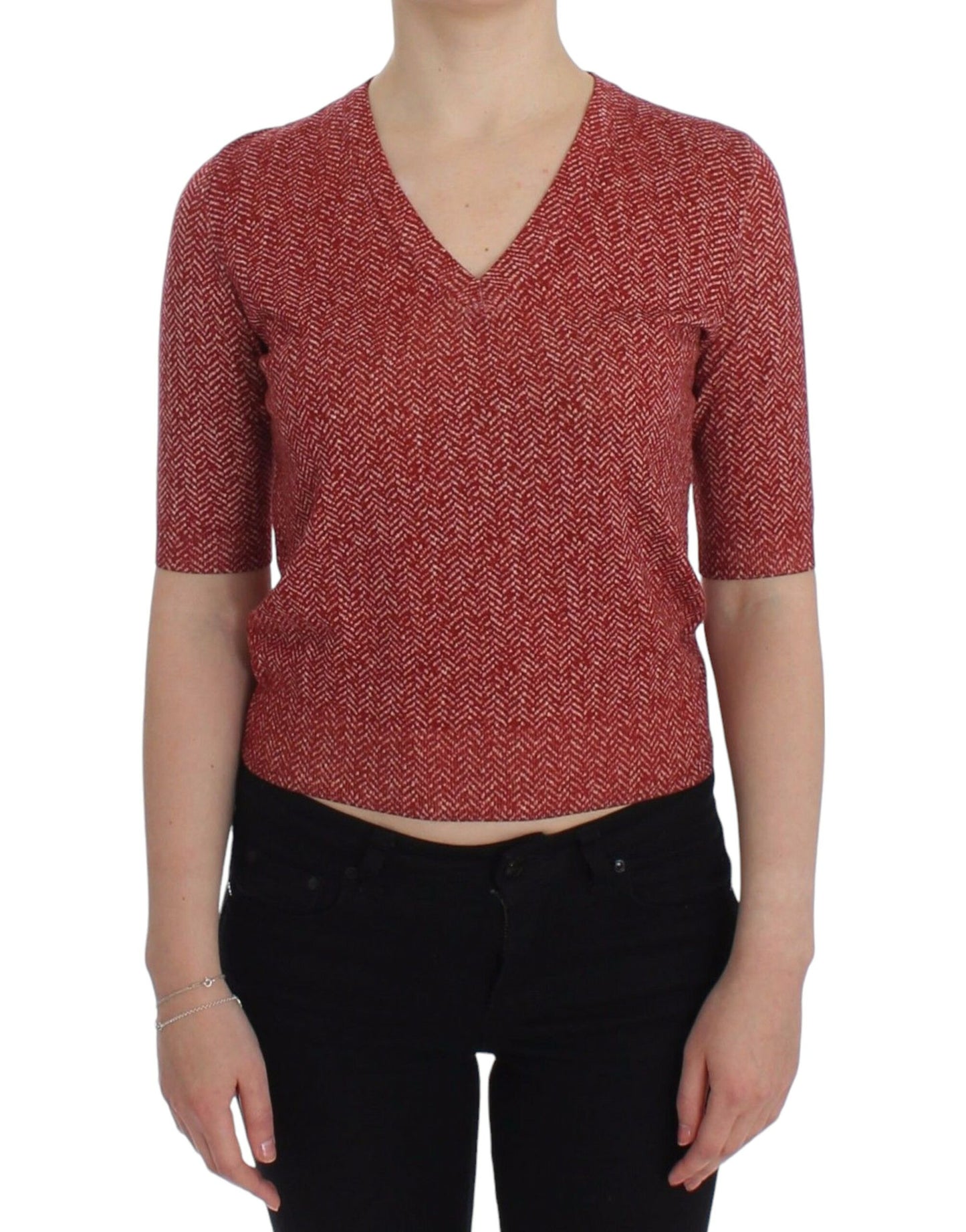 Dolce &amp; Gabbana Charming Red Tweed V-Neck Sweater