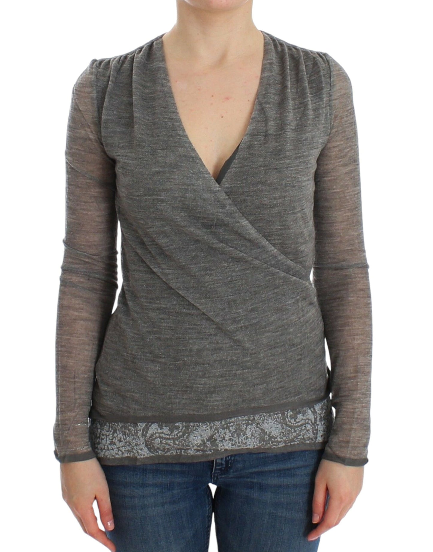 Ermanno Scervino Elegant grey sweater with deep V-neck in wool blend