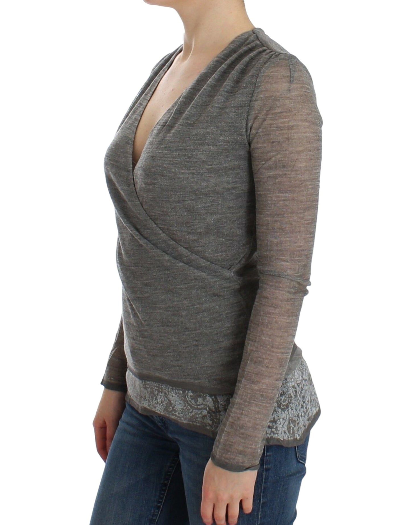 Ermanno Scervino Elegant grey sweater with deep V-neck in wool blend