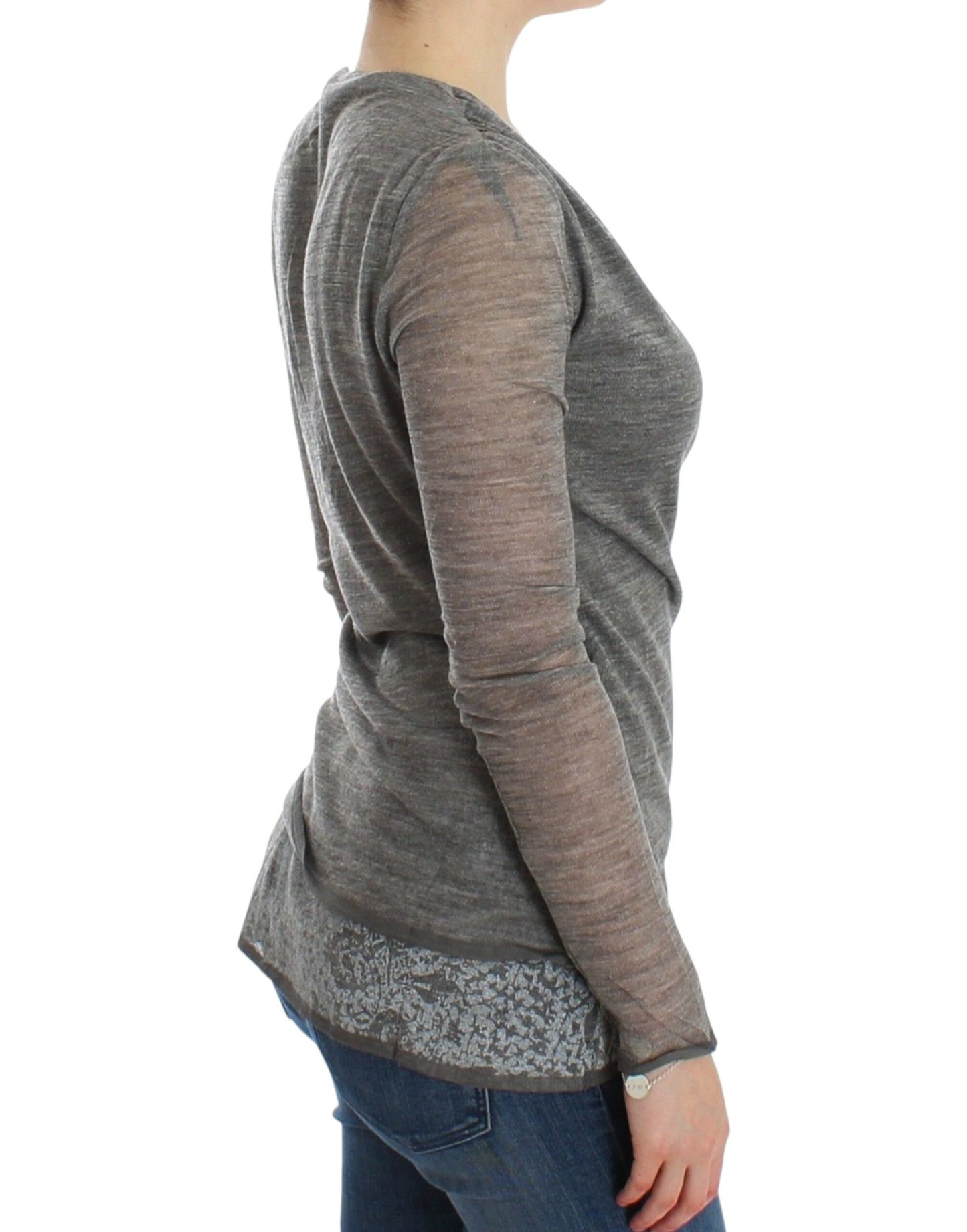 Ermanno Scervino Elegant grey sweater with deep V-neck in wool blend