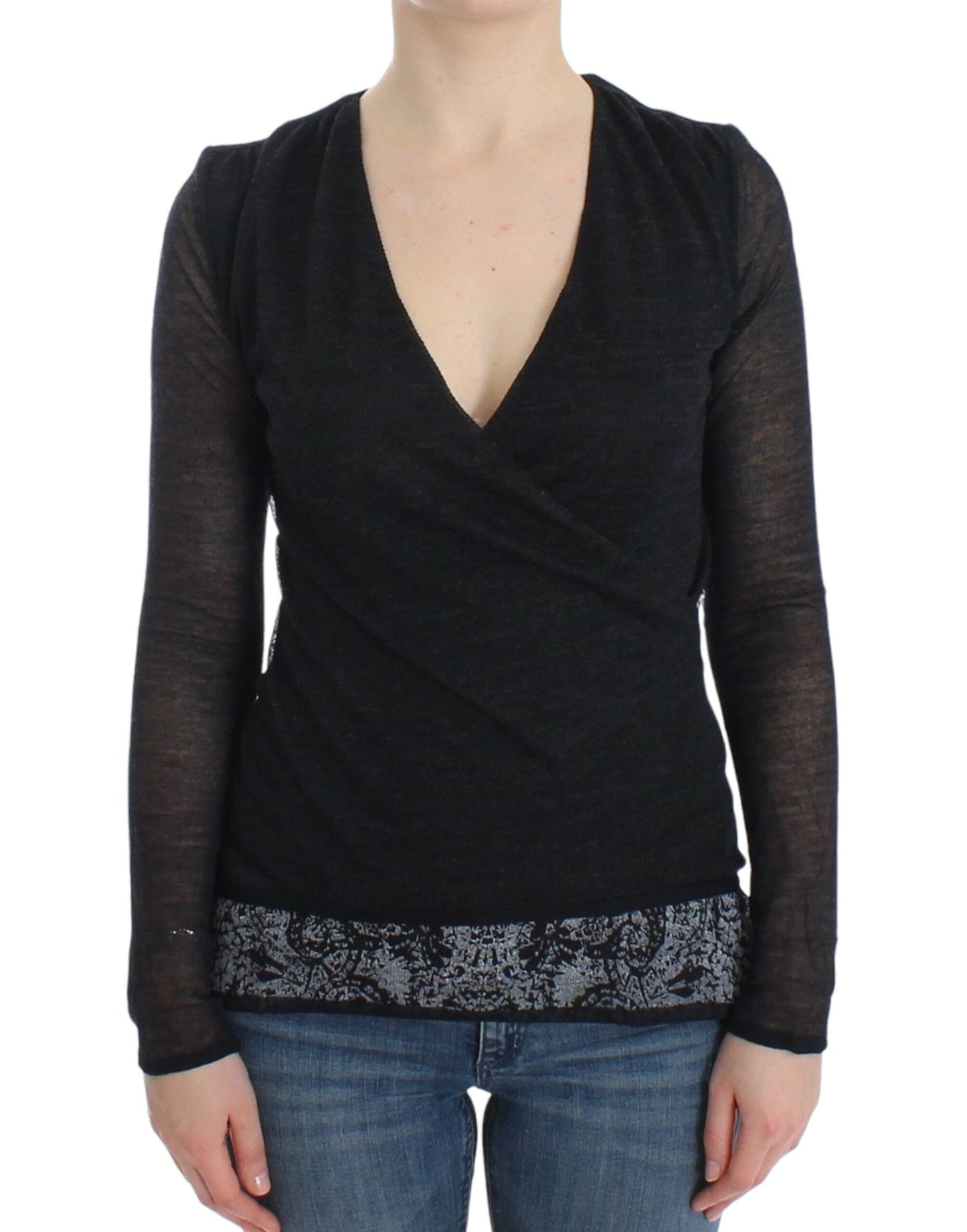 Ermanno Scervino Black wool blend deep V-neck sweater