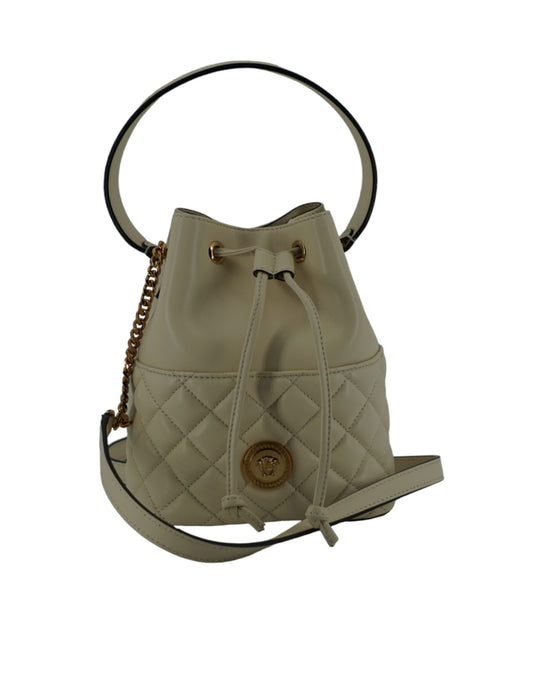 Versace Elegant small bucket shoulder bag in white leather