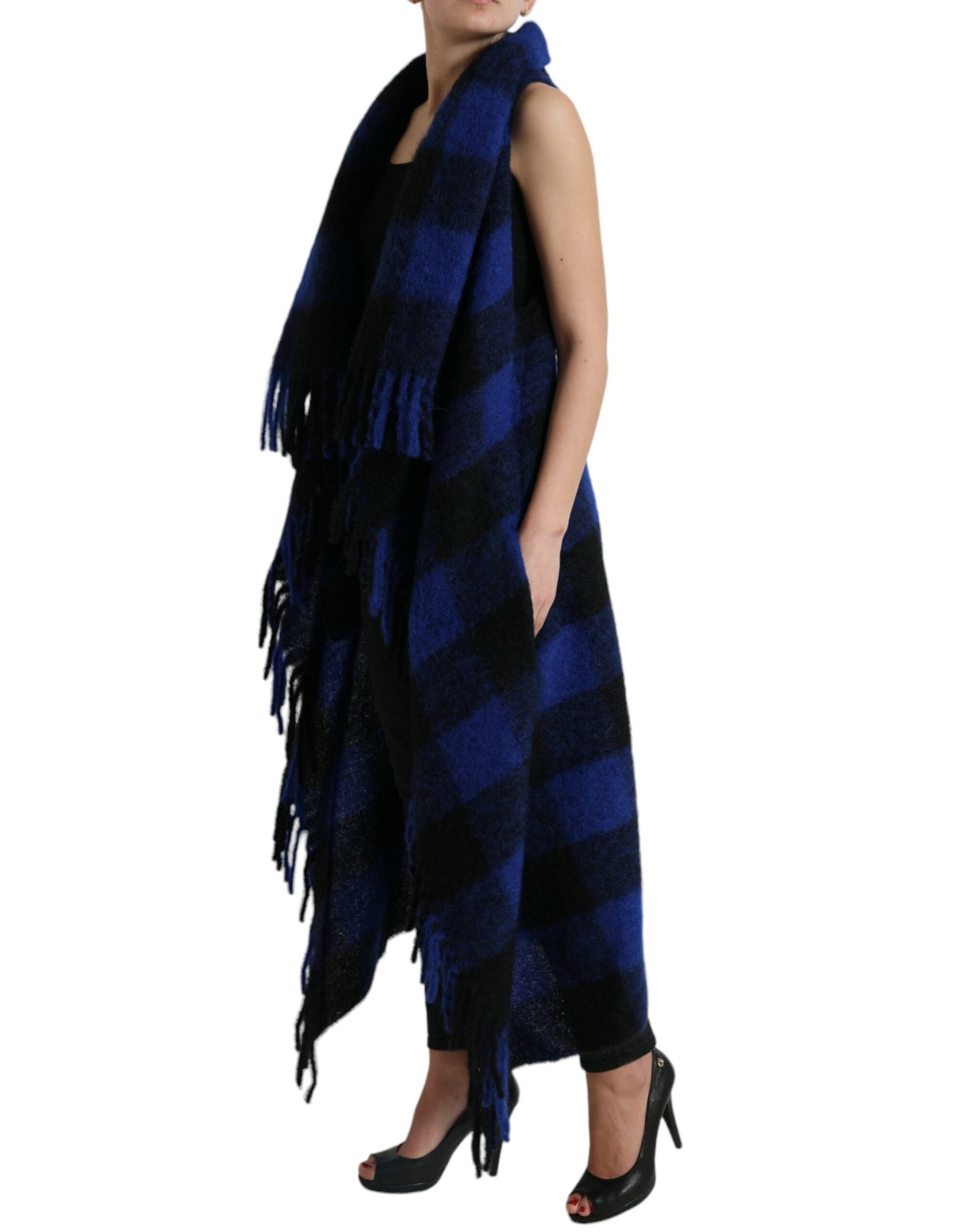 Dolce &amp; Gabbana Elegant Checked Poncho Cardigan with Fringes