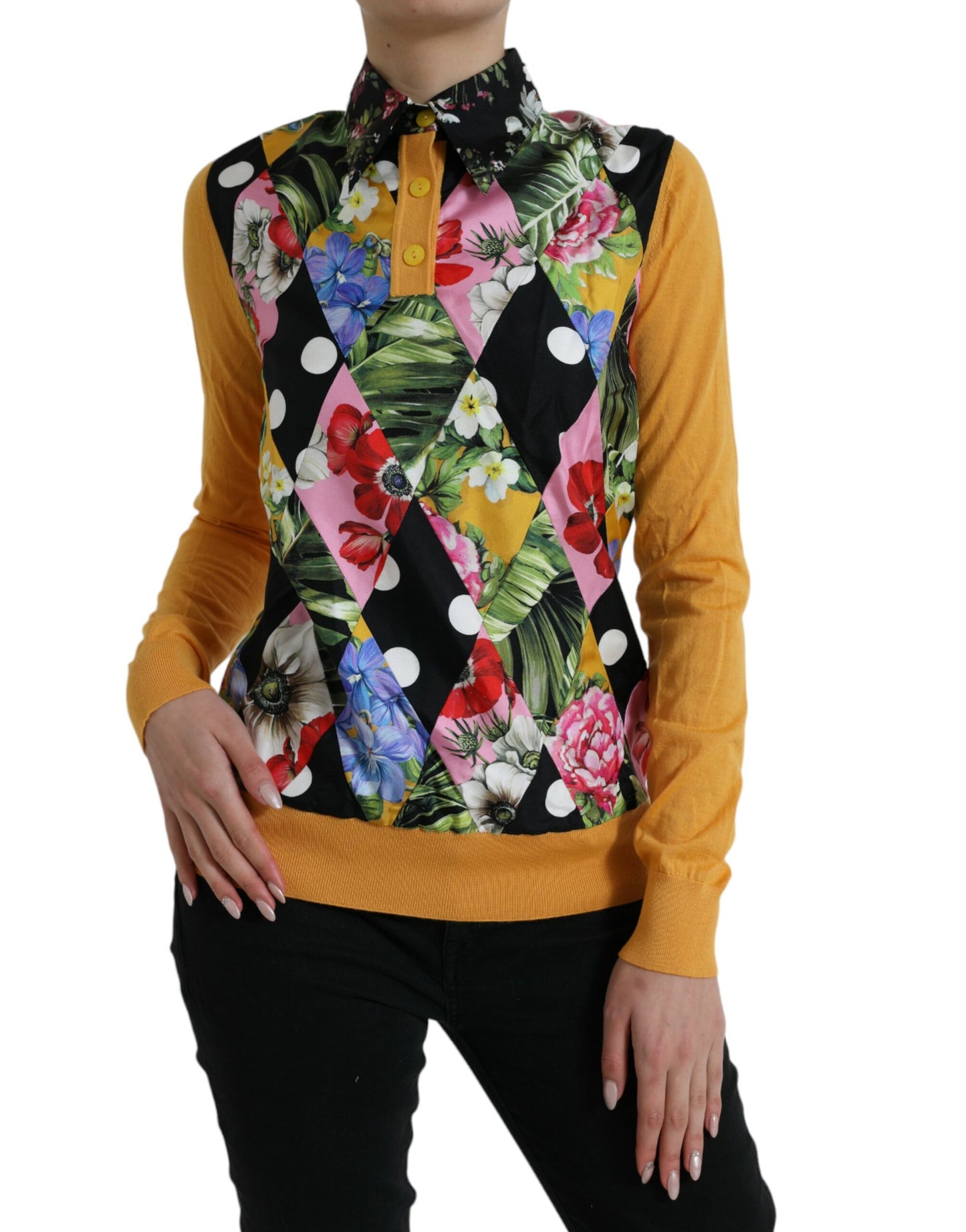 Dolce &amp; Gabbana Elegant Patchwork Silk Blend Henley Sweater