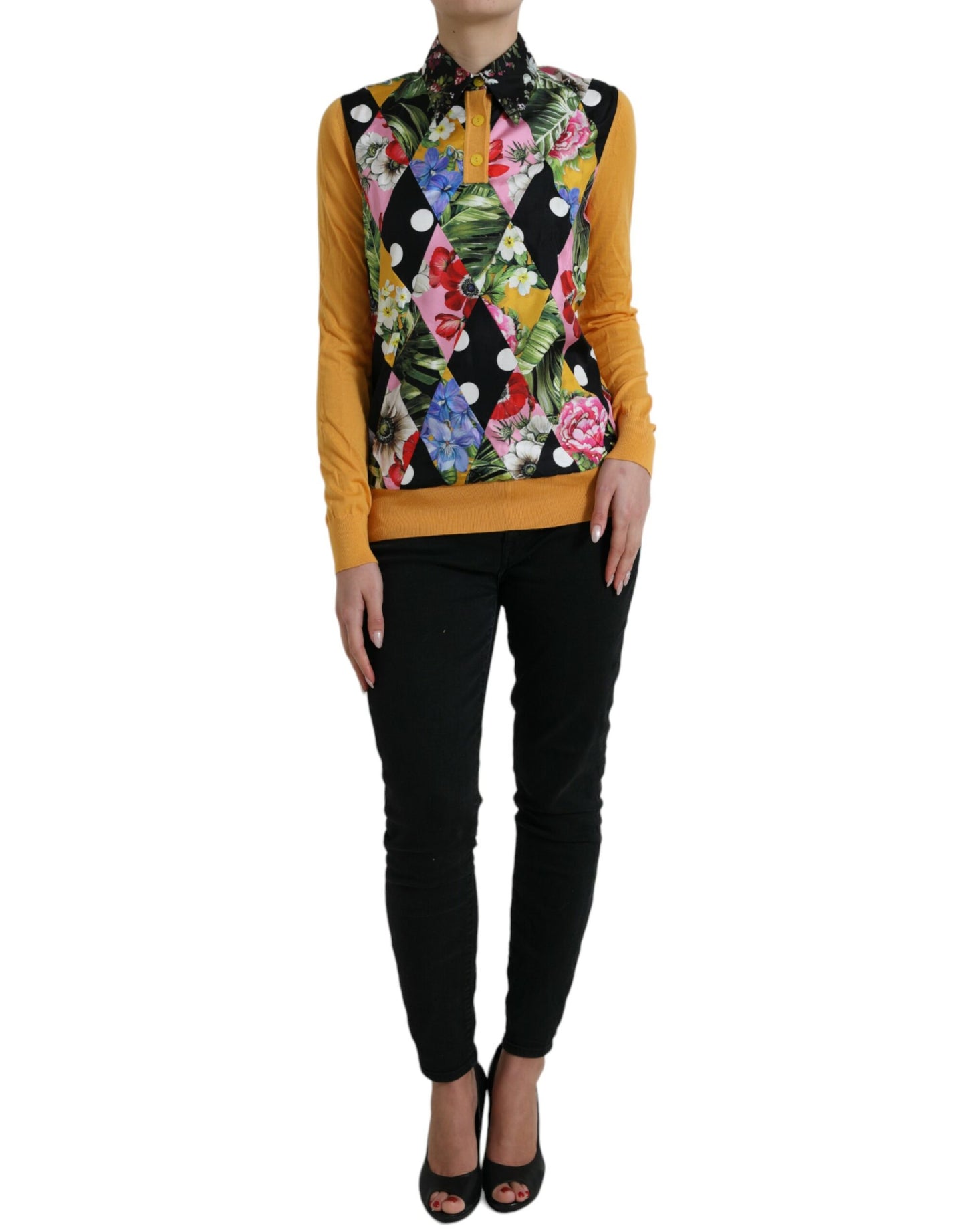 Dolce &amp; Gabbana Elegant Patchwork Silk Blend Henley Sweater