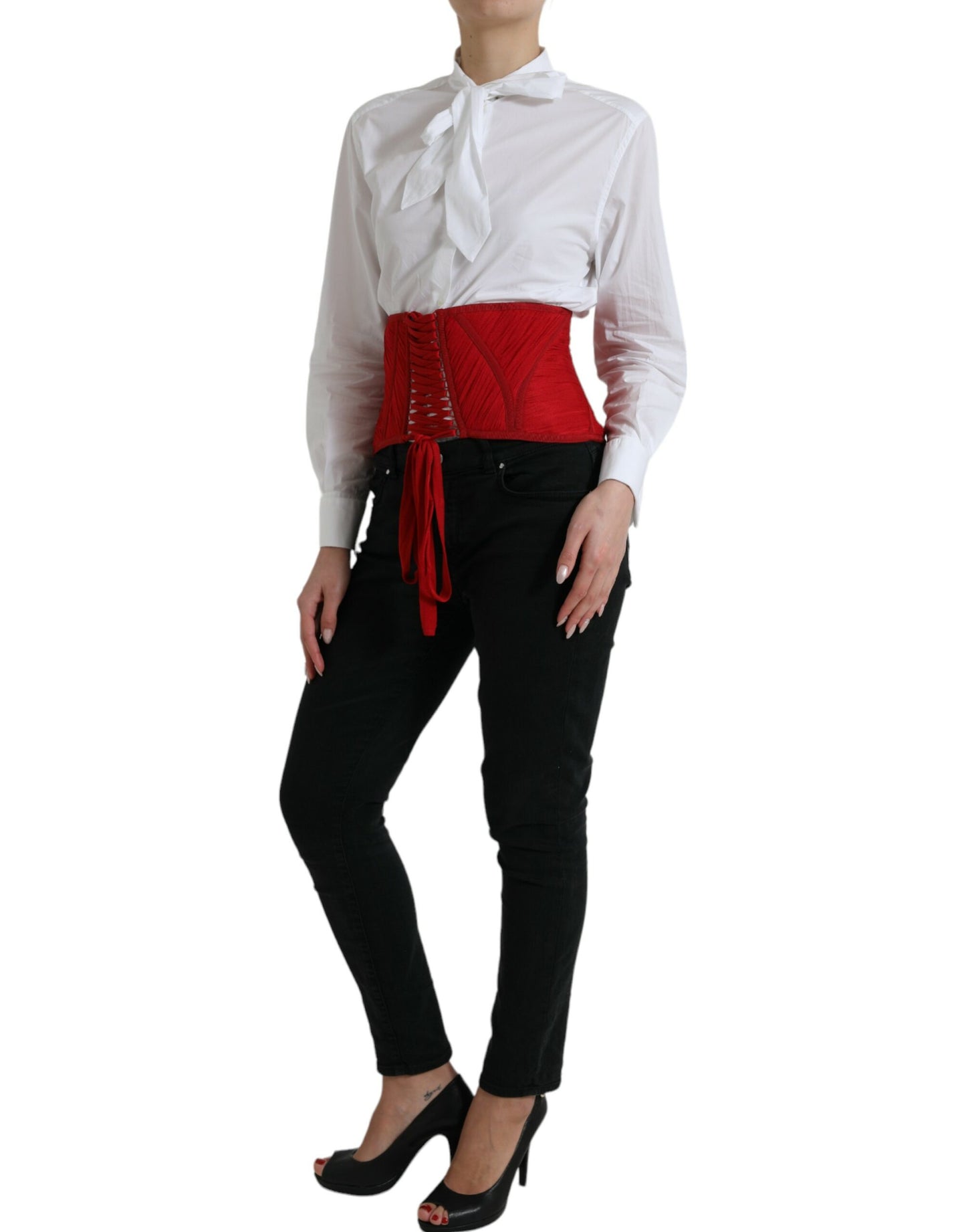 Dolce &amp; Gabbana silk corset waist belt in fiery red