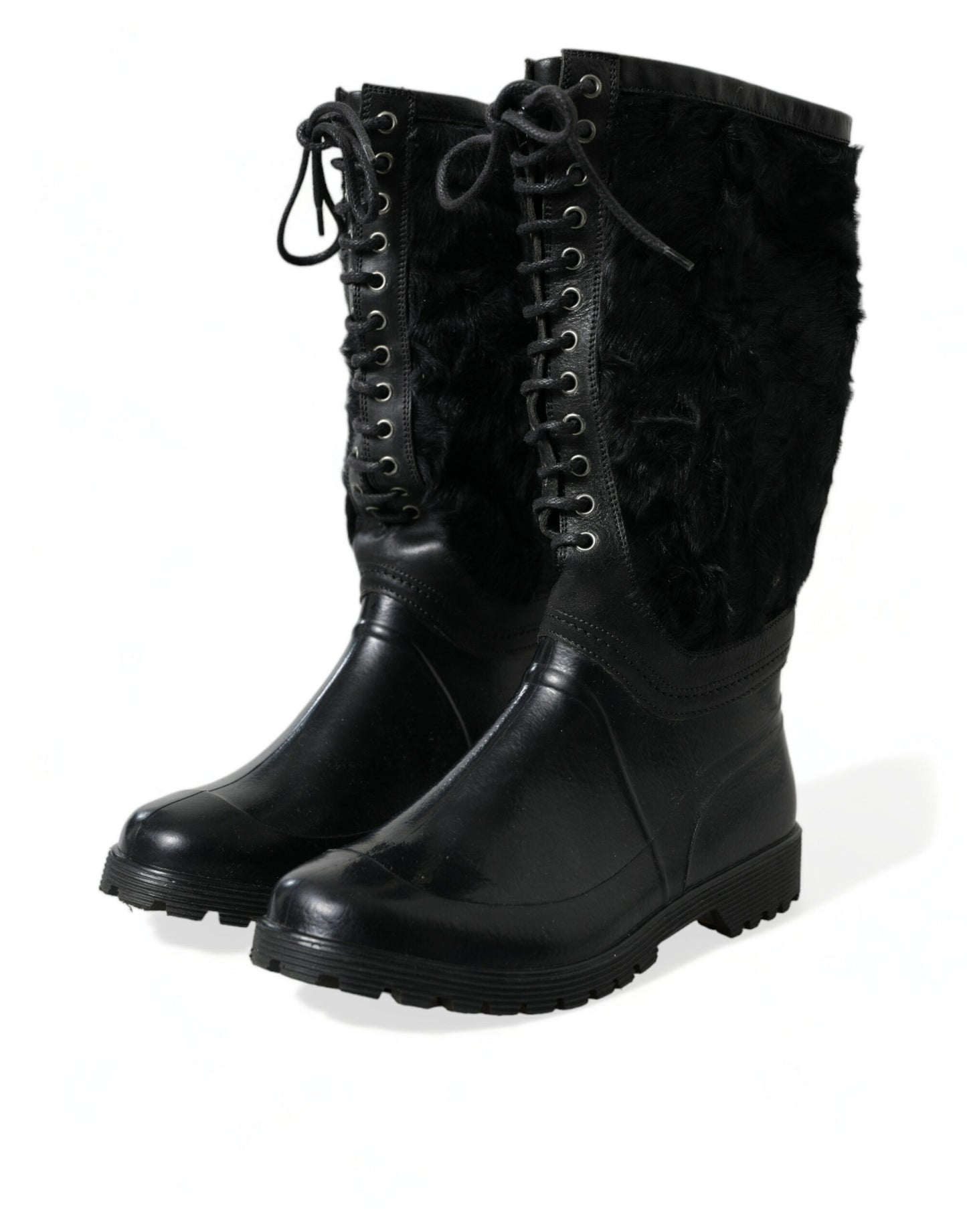 Dolce & Gabbana Glatte Schwarze Shearling-Stiefel mit mittlerer Wade